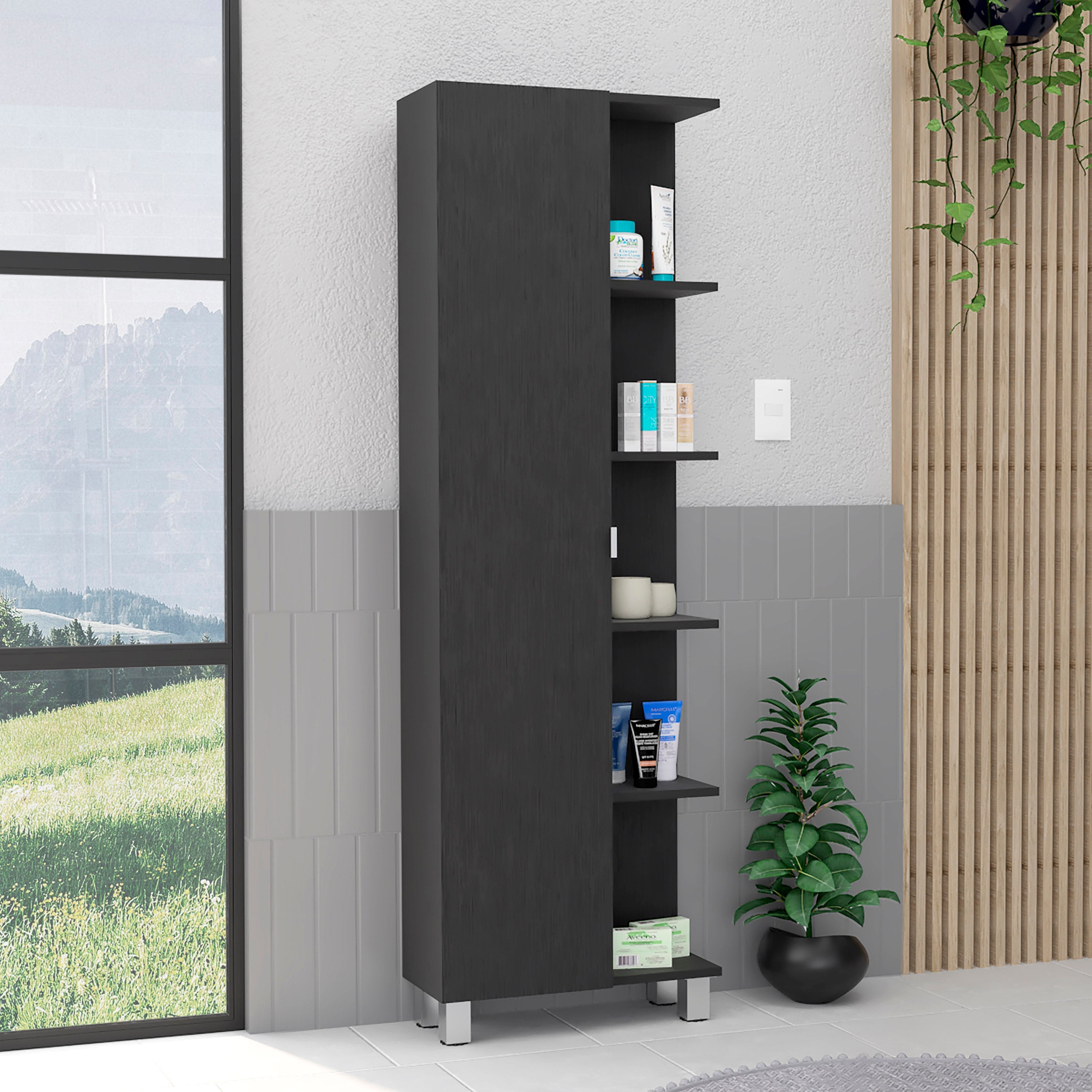 Venus Linen Single Door Cabinet, Five External Shelves, Four Interior Shelves, Black - Luciddepo
