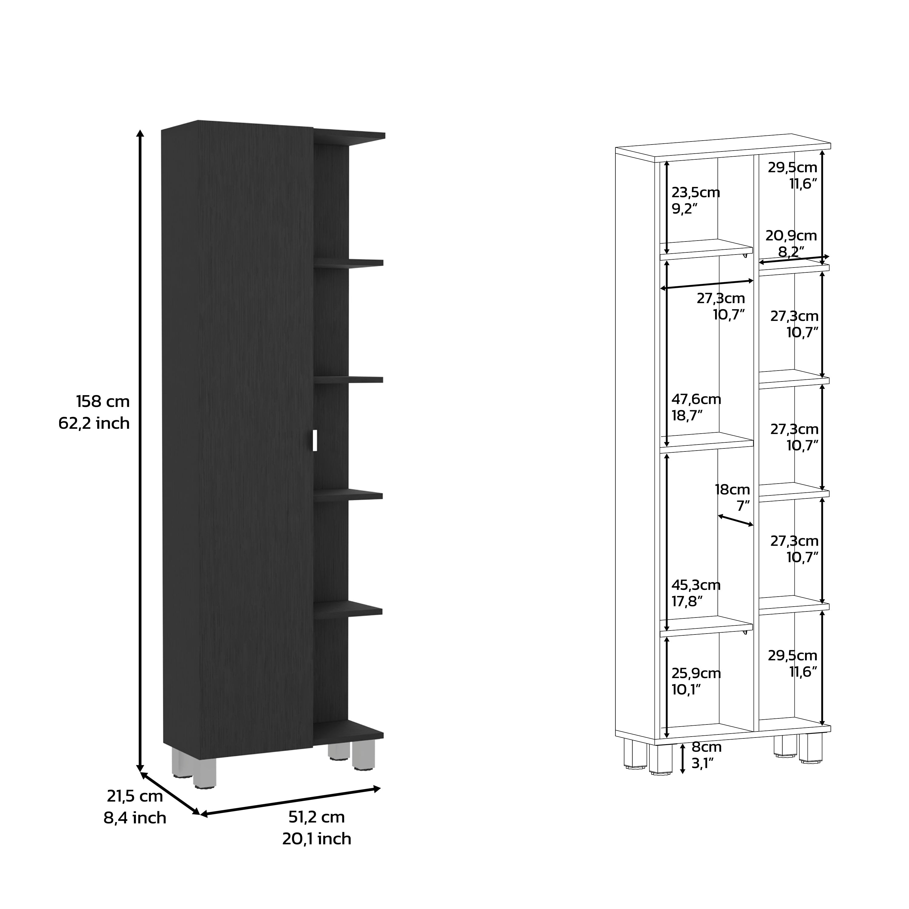 Venus Linen Single Door Cabinet, Five External Shelves, Four Interior Shelves, Black - Luciddepo