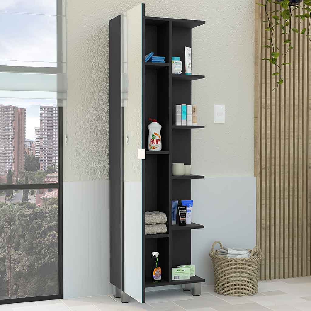 Venus Mirror Linen Single Door Cabinet, Five External Shelves, Four Interior Shelves, Black - Luciddepo