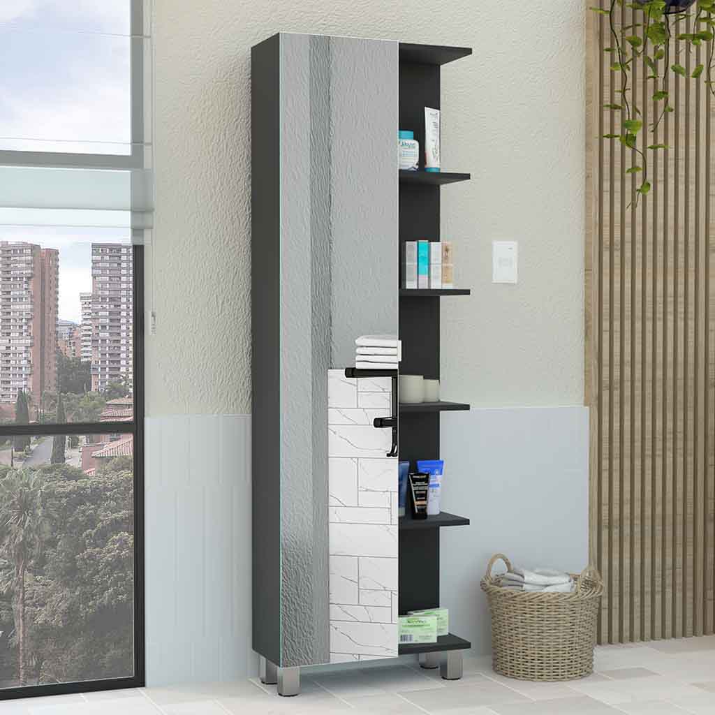 Venus Mirror Linen Single Door Cabinet, Five External Shelves, Four Interior Shelves, Black - Luciddepo