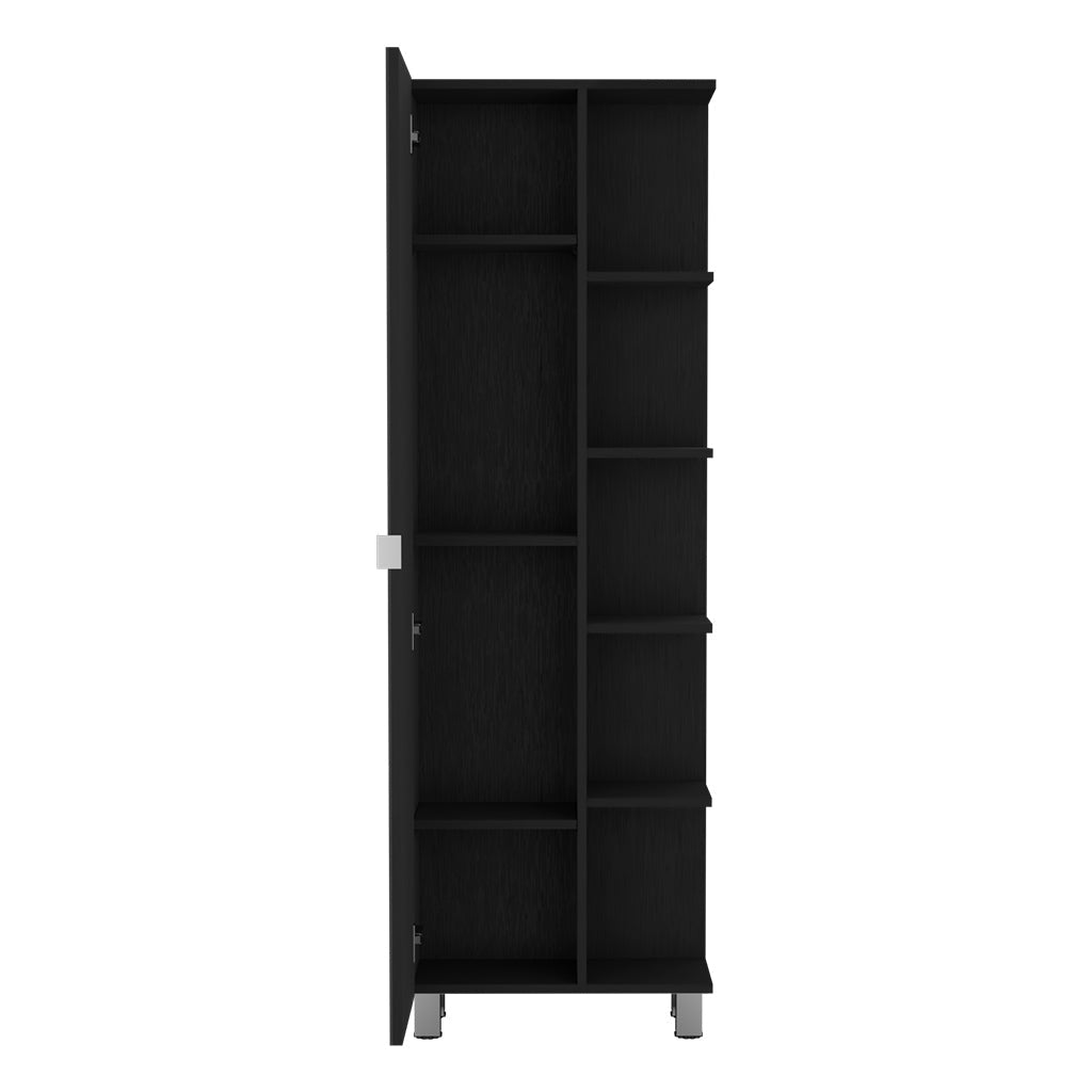 Venus Mirror Linen Single Door Cabinet, Five External Shelves, Four Interior Shelves, Black - Luciddepo