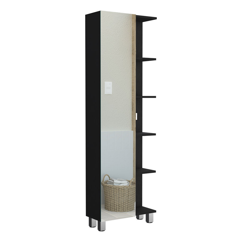 Venus Mirror Linen Single Door Cabinet, Five External Shelves, Four Interior Shelves, Black - Luciddepo
