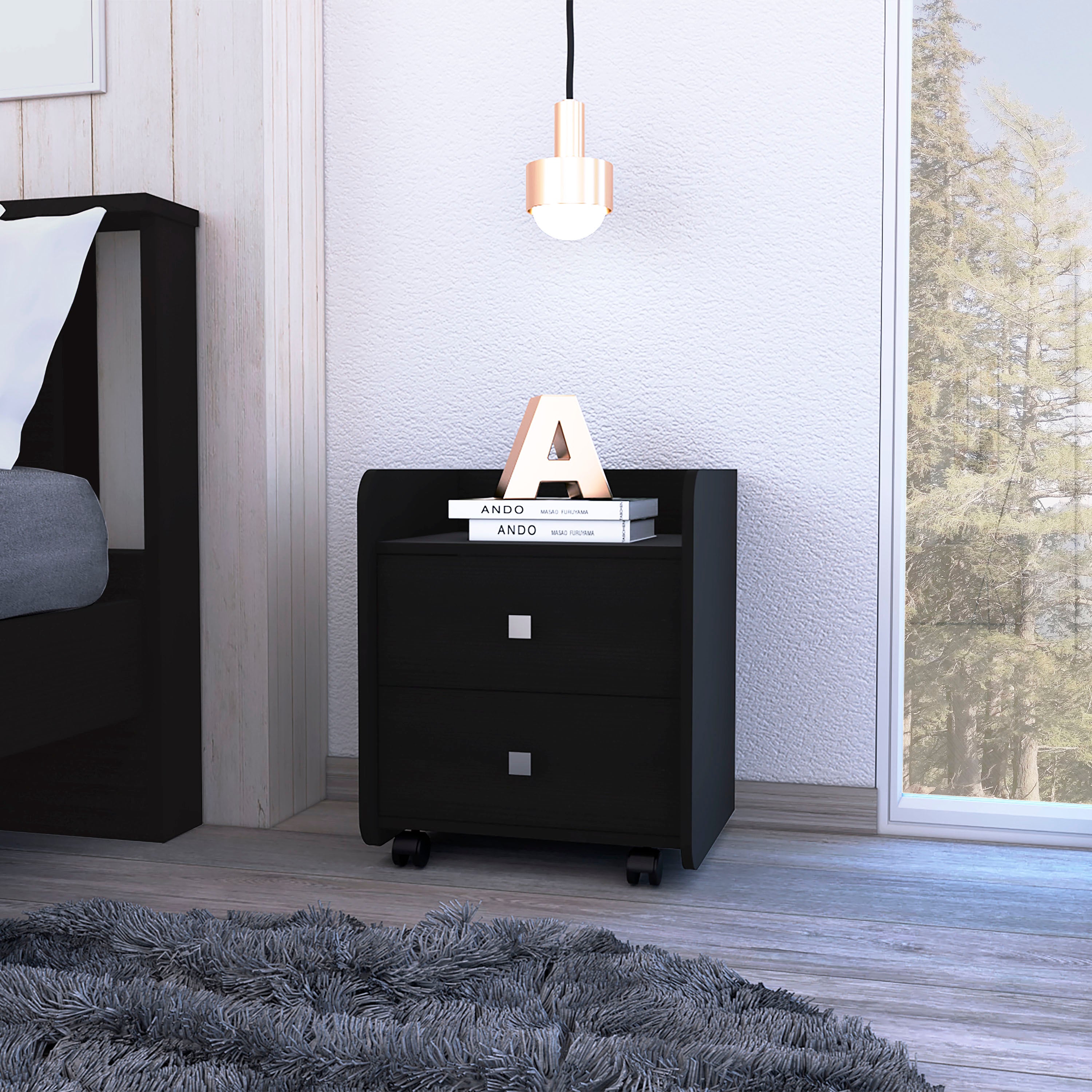 Marsella Nightstand, Two Drawers, Superior Top, Metal Handle, Black - Luciddepo