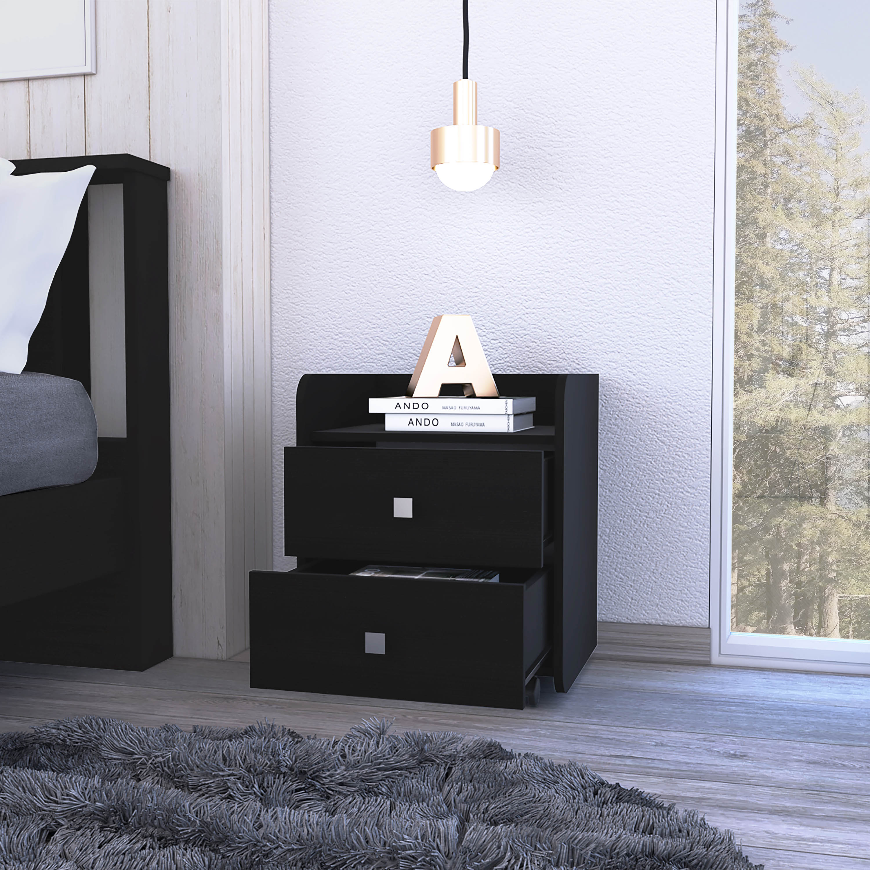 Marsella Nightstand, Two Drawers, Superior Top, Metal Handle, Black - Luciddepo