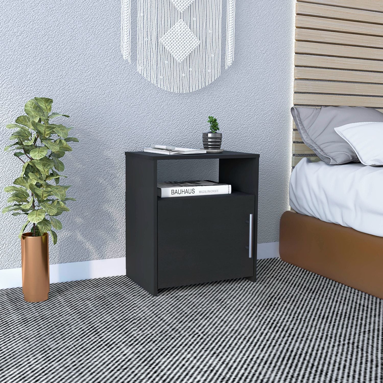 Omaha Nightstand, Single Door Cabinet, Metal Handle, One Shelf, Superior Top, Black - Luciddepo