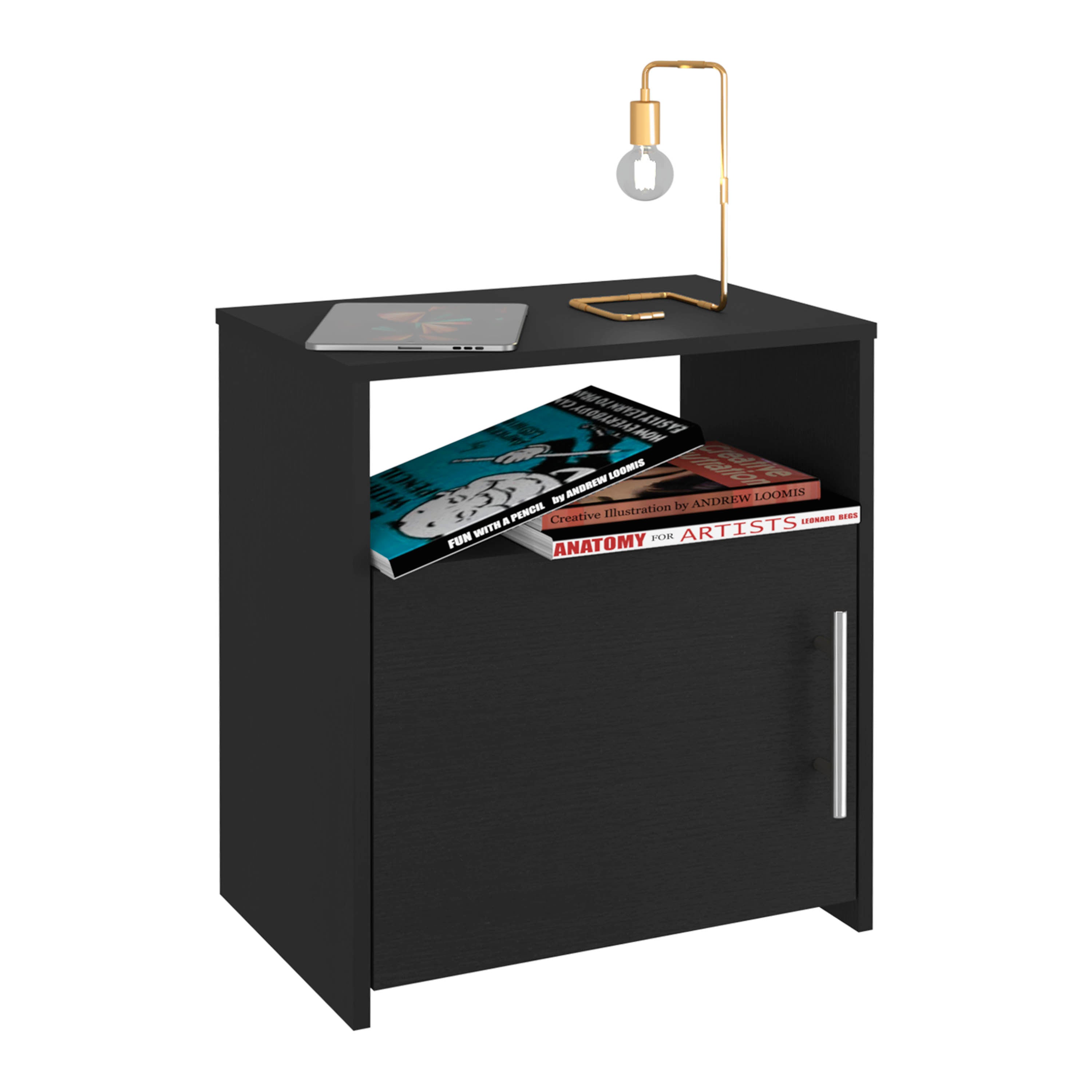 Omaha Nightstand, Single Door Cabinet, Metal Handle, One Shelf, Superior Top, Black - Luciddepo