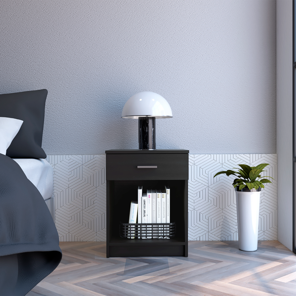 Beryl Nightstand, One Drawer, Low Shelf, Superior Top, Black - Luciddepo