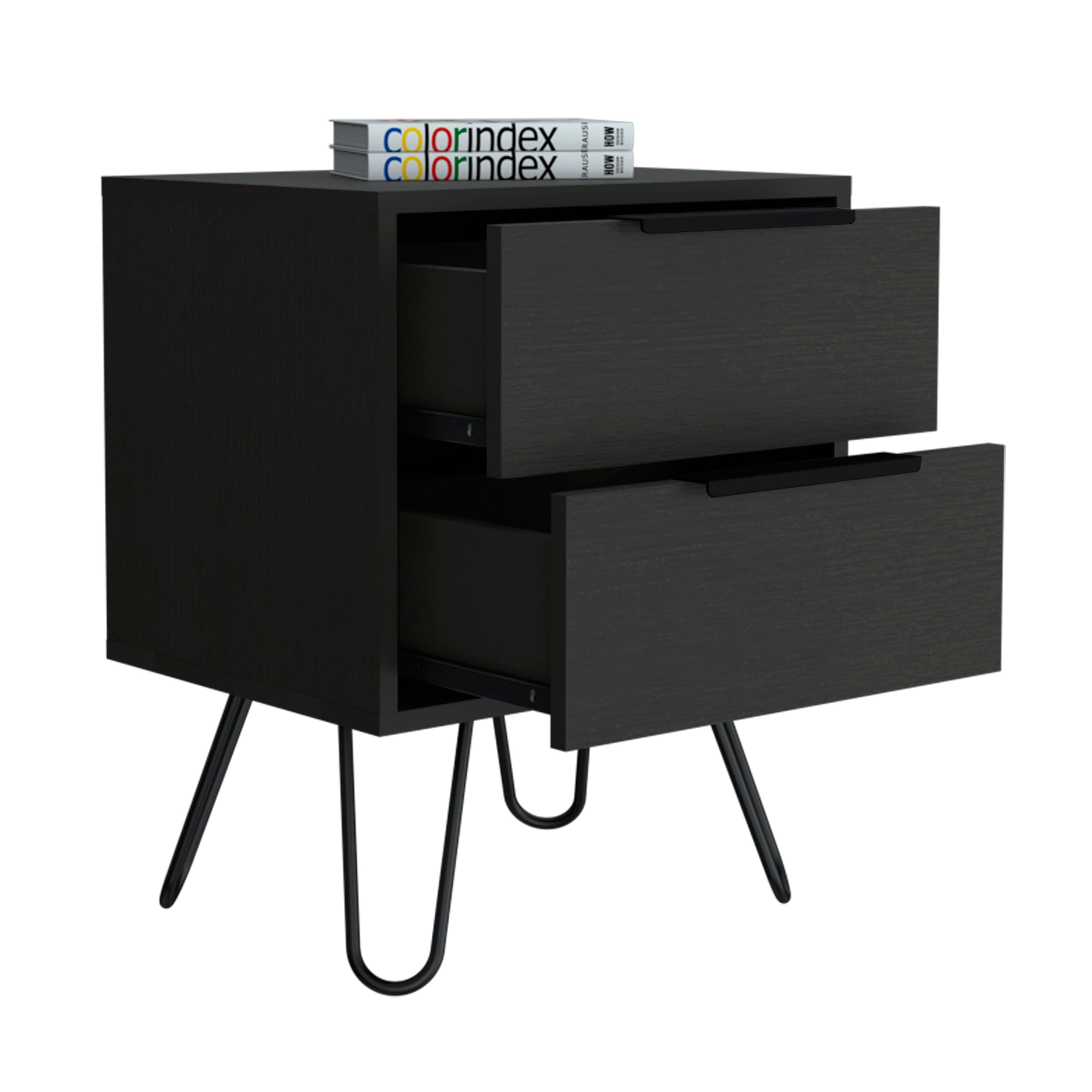 Begonia 2 Nightstand, Hairpin Legs, Two Drawers, Black - Luciddepo
