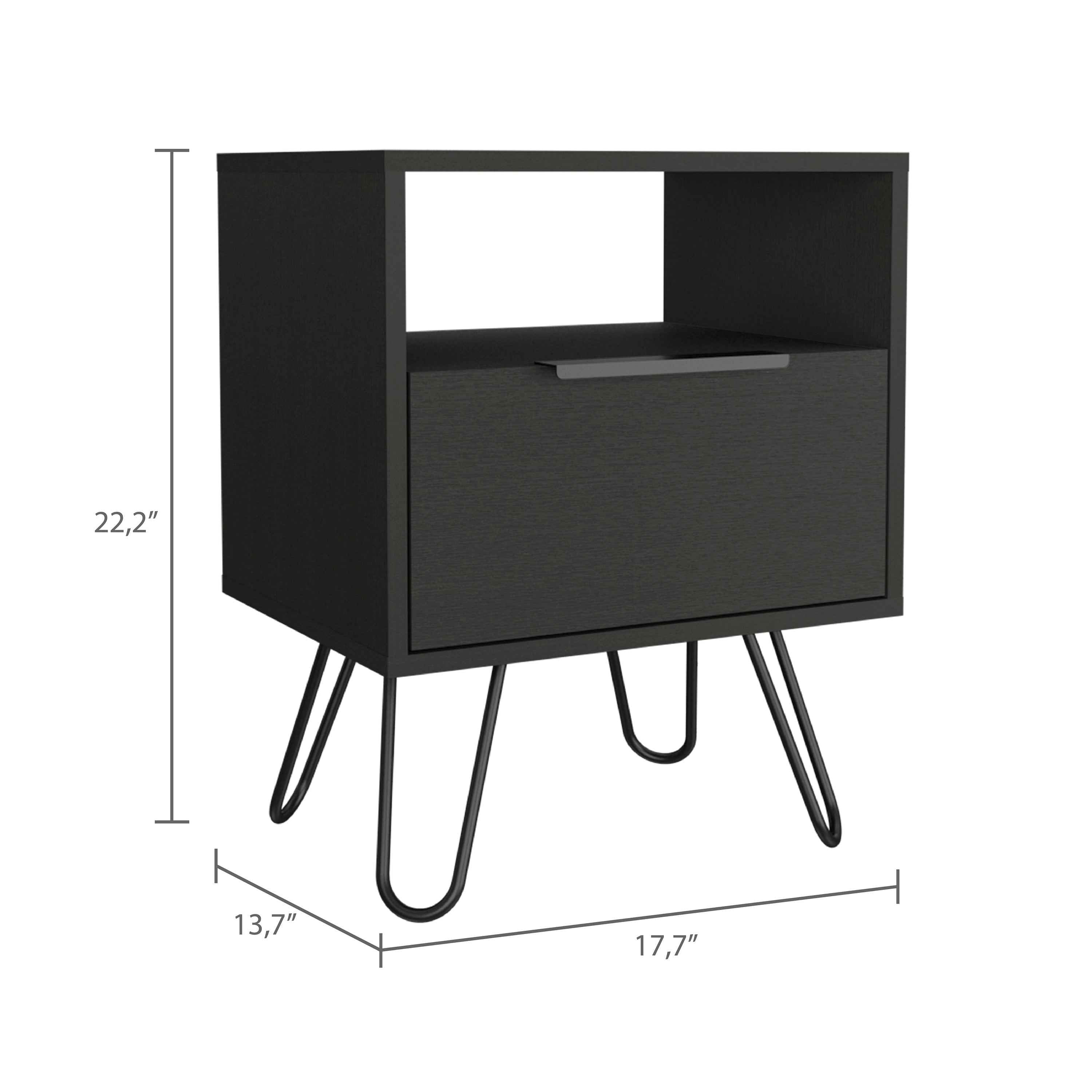 Begonia Nightstand, Shelf, Single Door Cabient, Hairpin Legs, Black