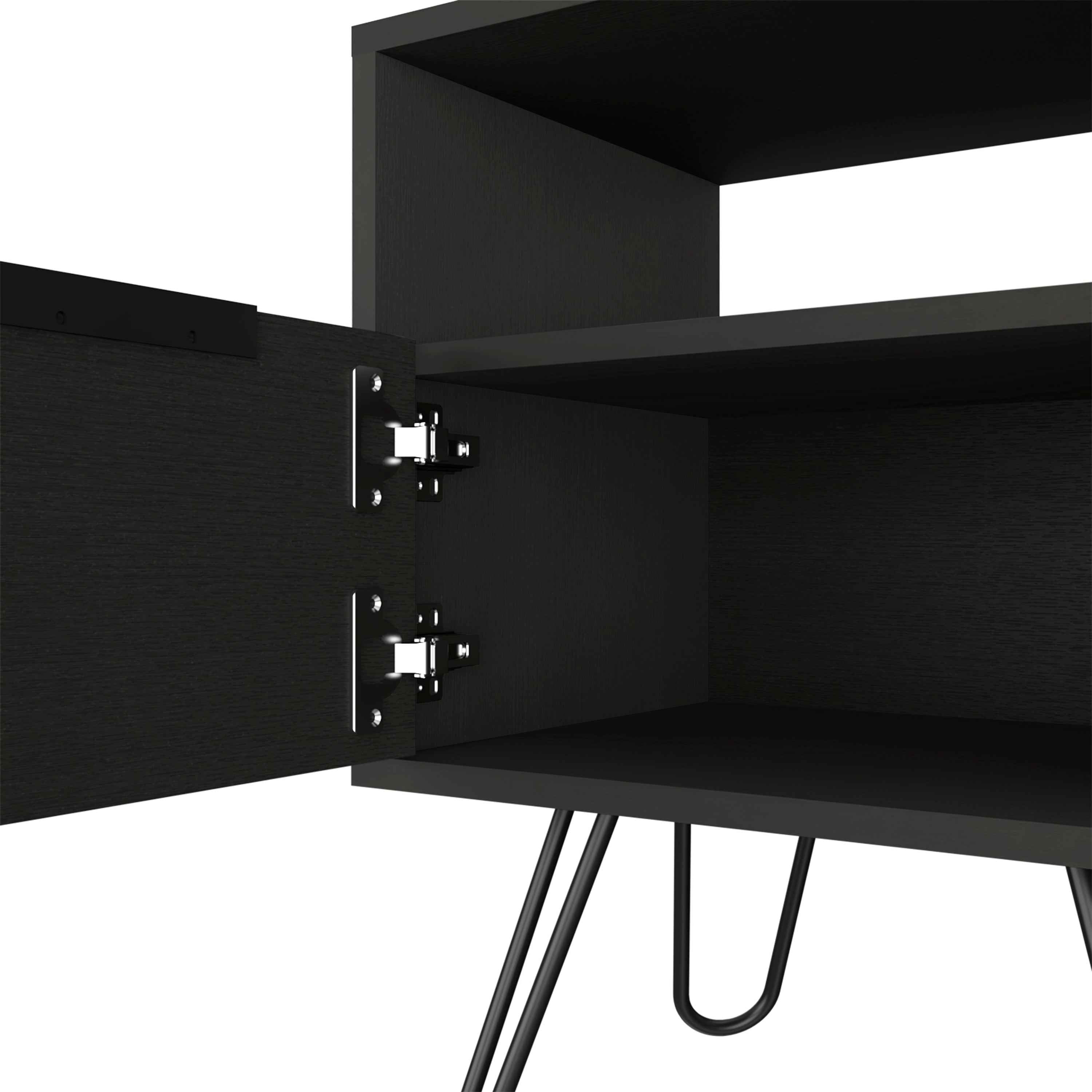Begonia Nightstand, Shelf, Single Door Cabient, Hairpin Legs, Black