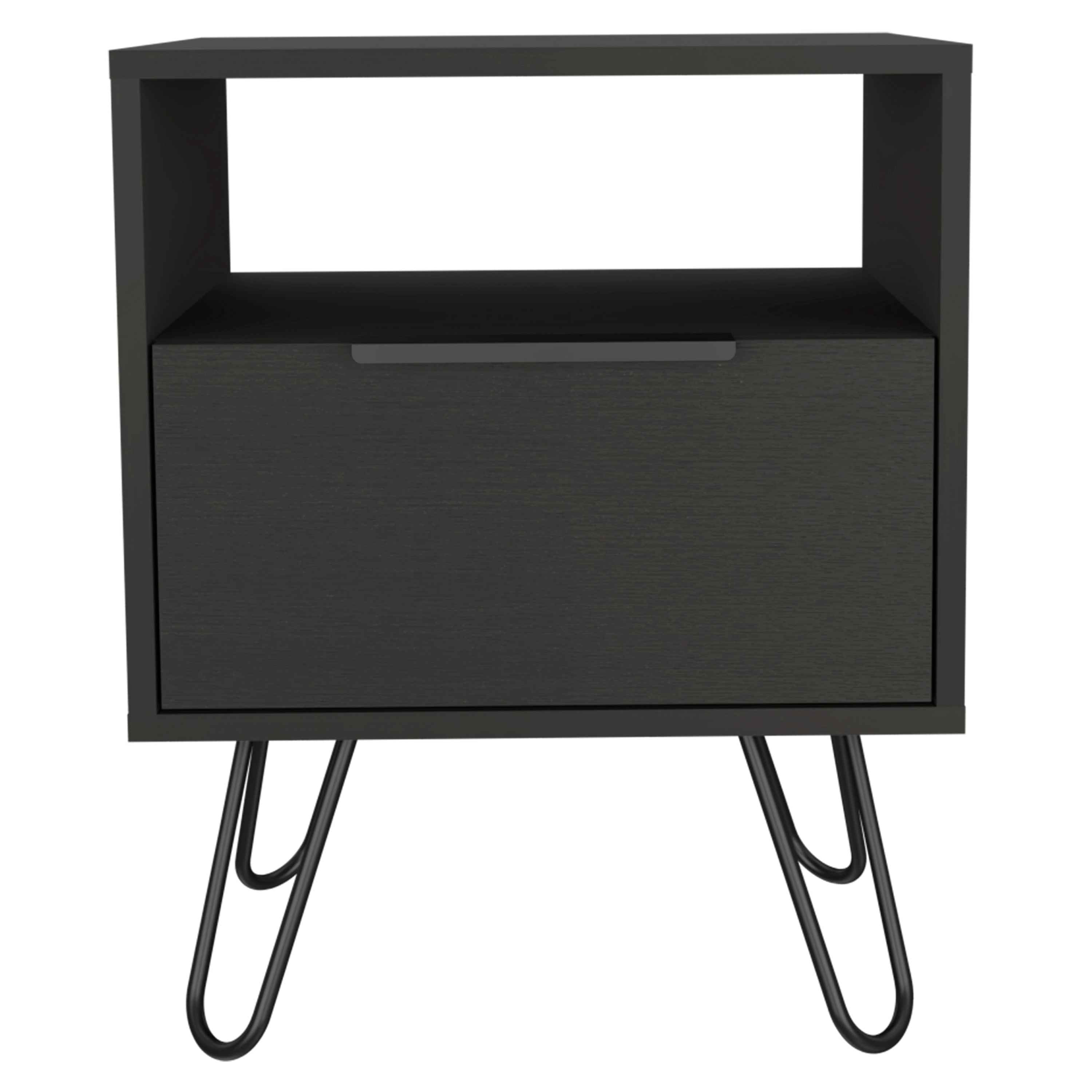 Begonia Nightstand, Shelf, Single Door Cabient, Hairpin Legs, Black