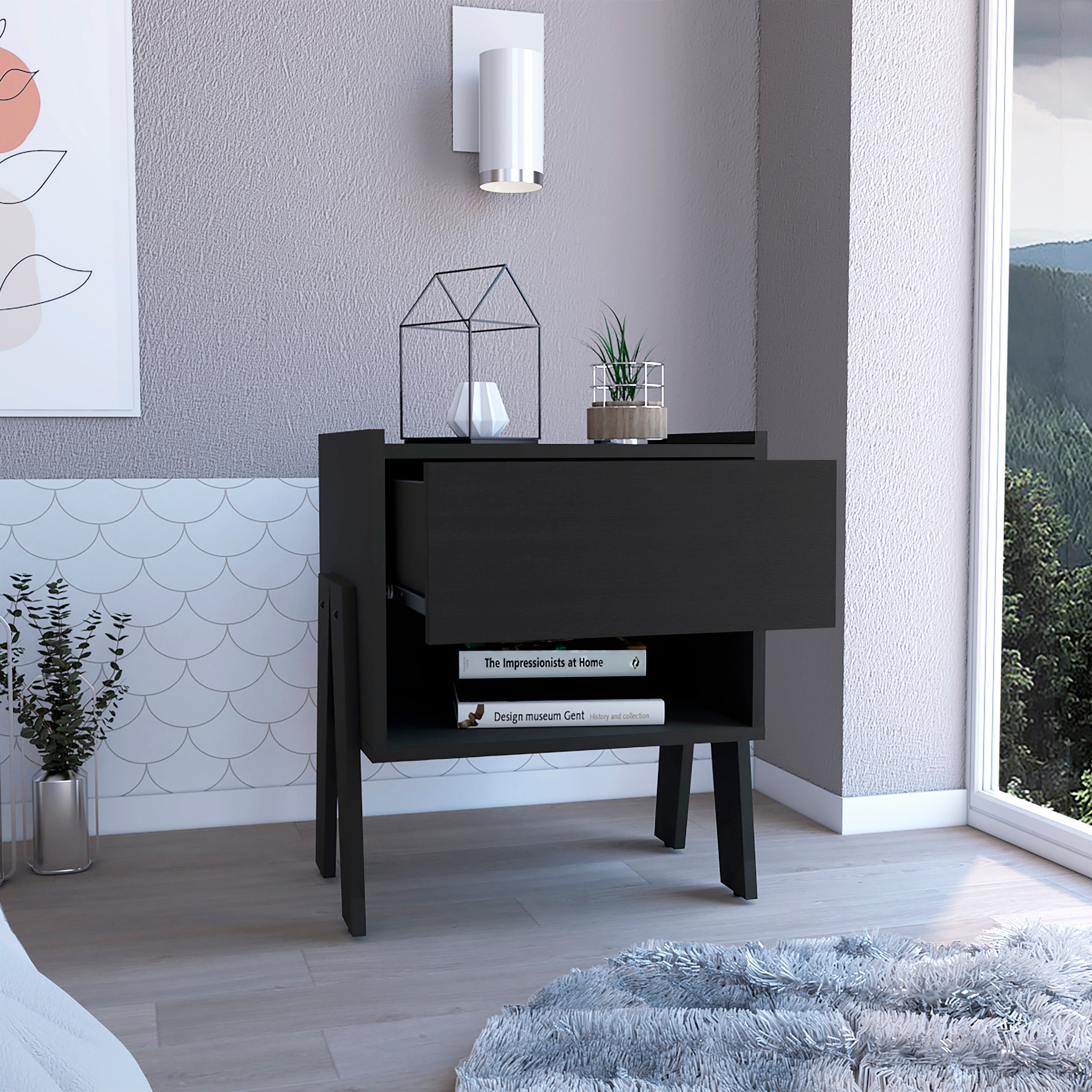 Caladium Nightstand, One Drawer, One Open Shelf, Black - Luciddepo