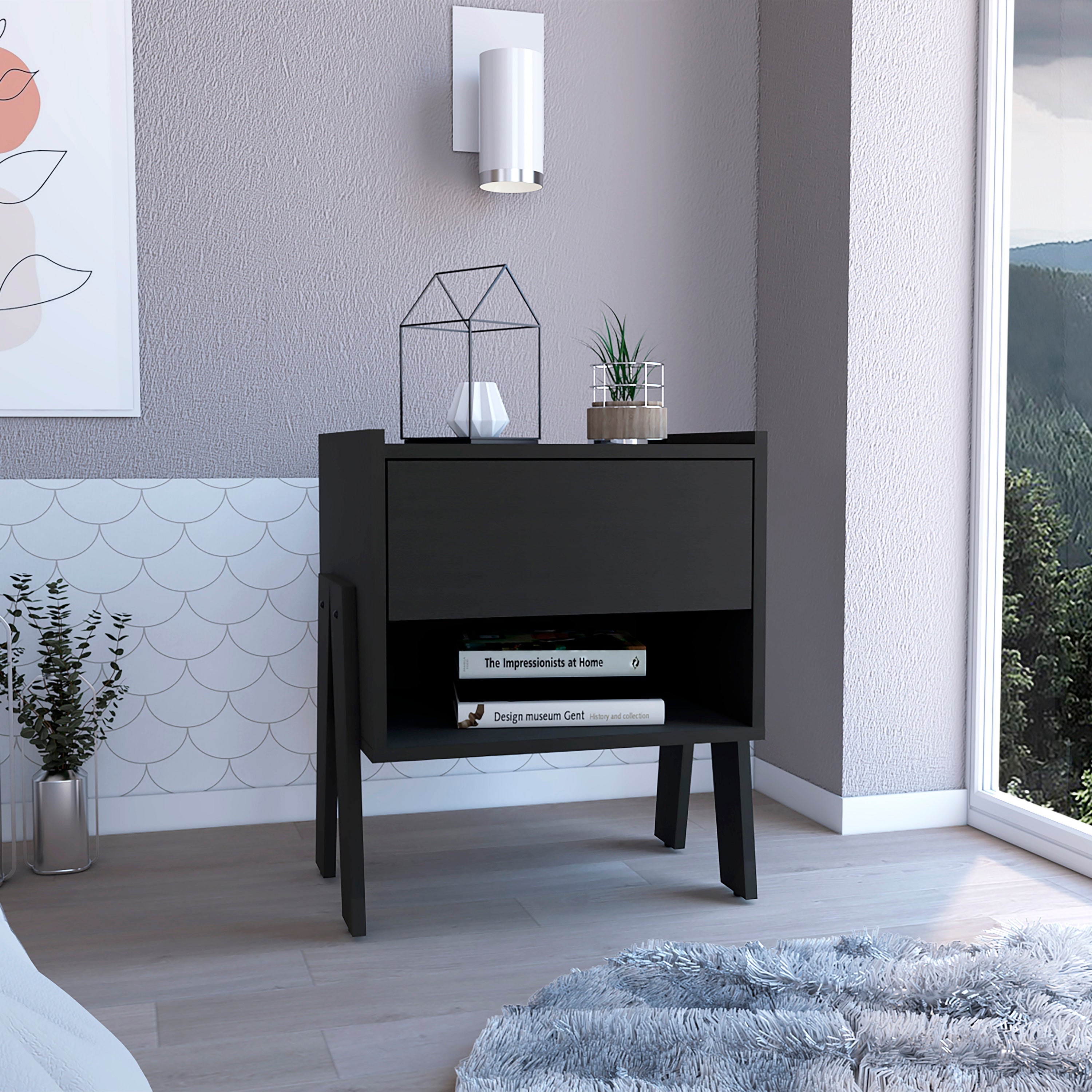 Caladium Nightstand, One Drawer, One Open Shelf, Black - Luciddepo