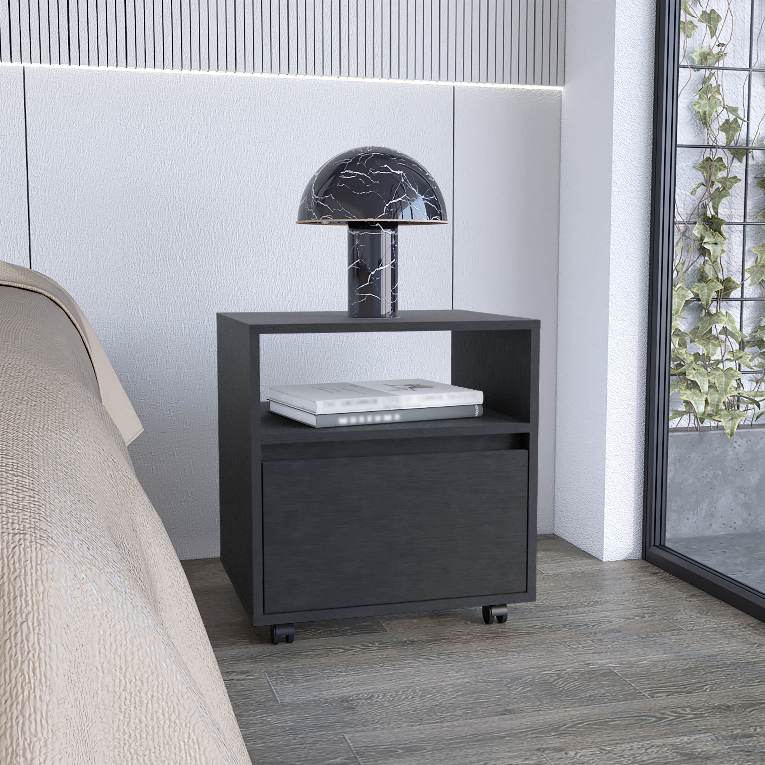 Wasilla Nightstand with Open Shelf, 1 Drawer and Casters, Black - Luciddepo