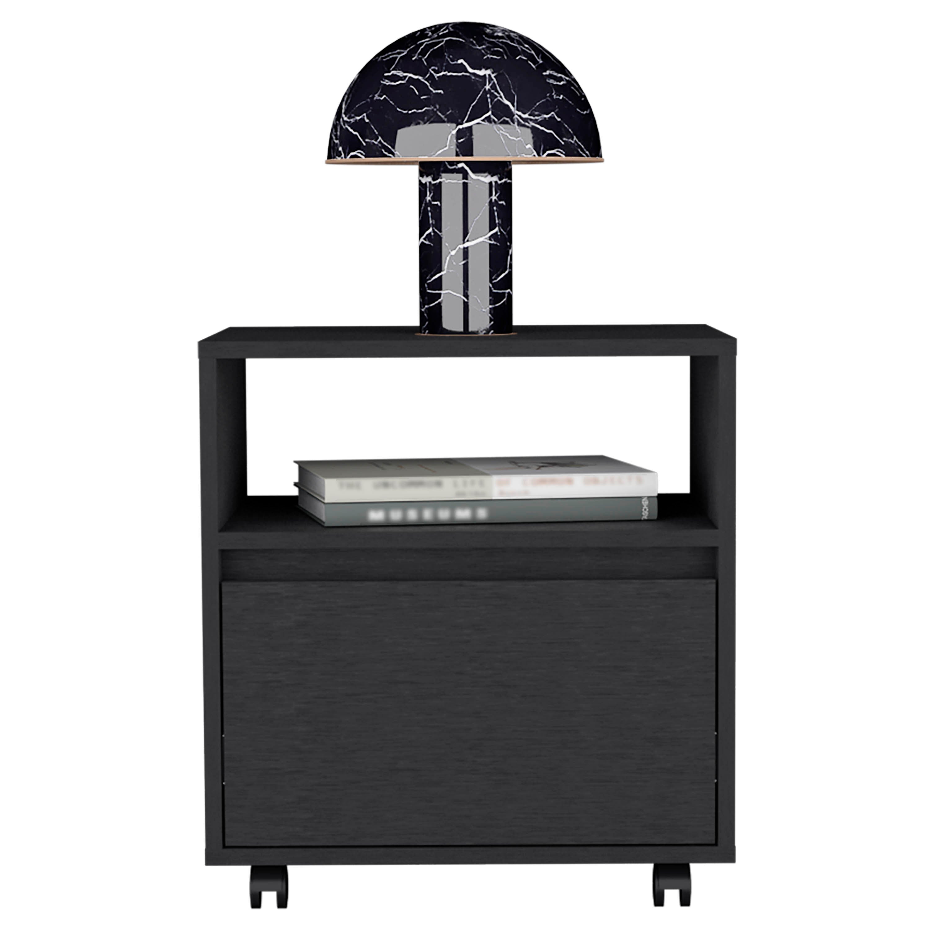 Wasilla Nightstand with Open Shelf, 1 Drawer and Casters, Black - Luciddepo