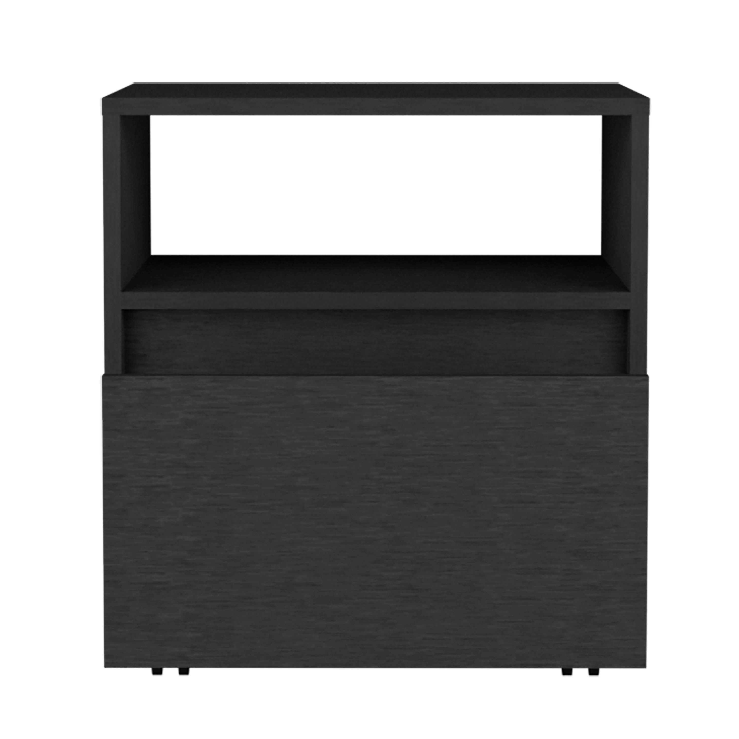 Wasilla Nightstand with Open Shelf, 1 Drawer and Casters, Black - Luciddepo