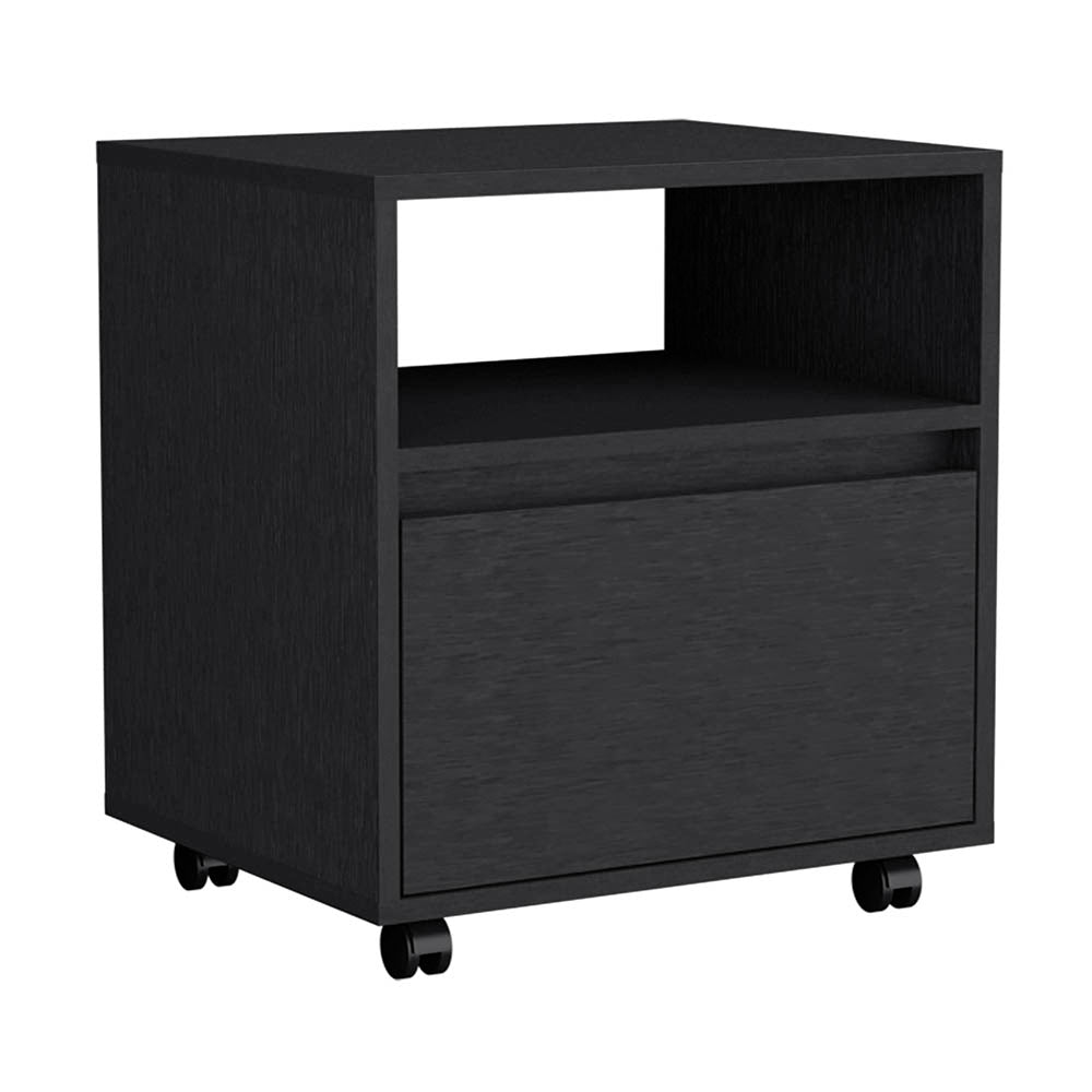 Wasilla Nightstand with Open Shelf, 1 Drawer and Casters, Black - Luciddepo