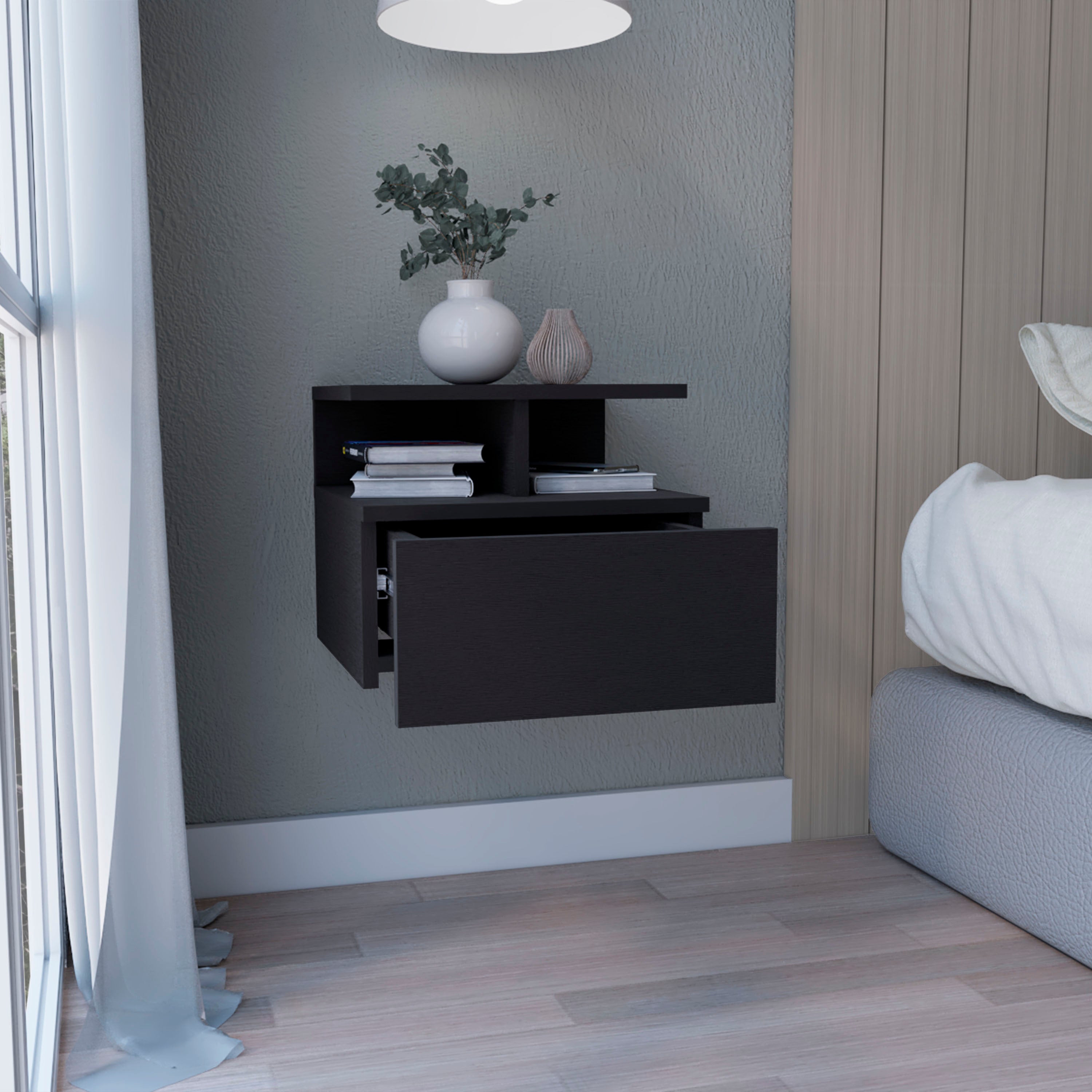 Seward Floating Nightstand, Wall Mounted with Single Drawer and 2-Tier Shelf, Black - Luciddepo