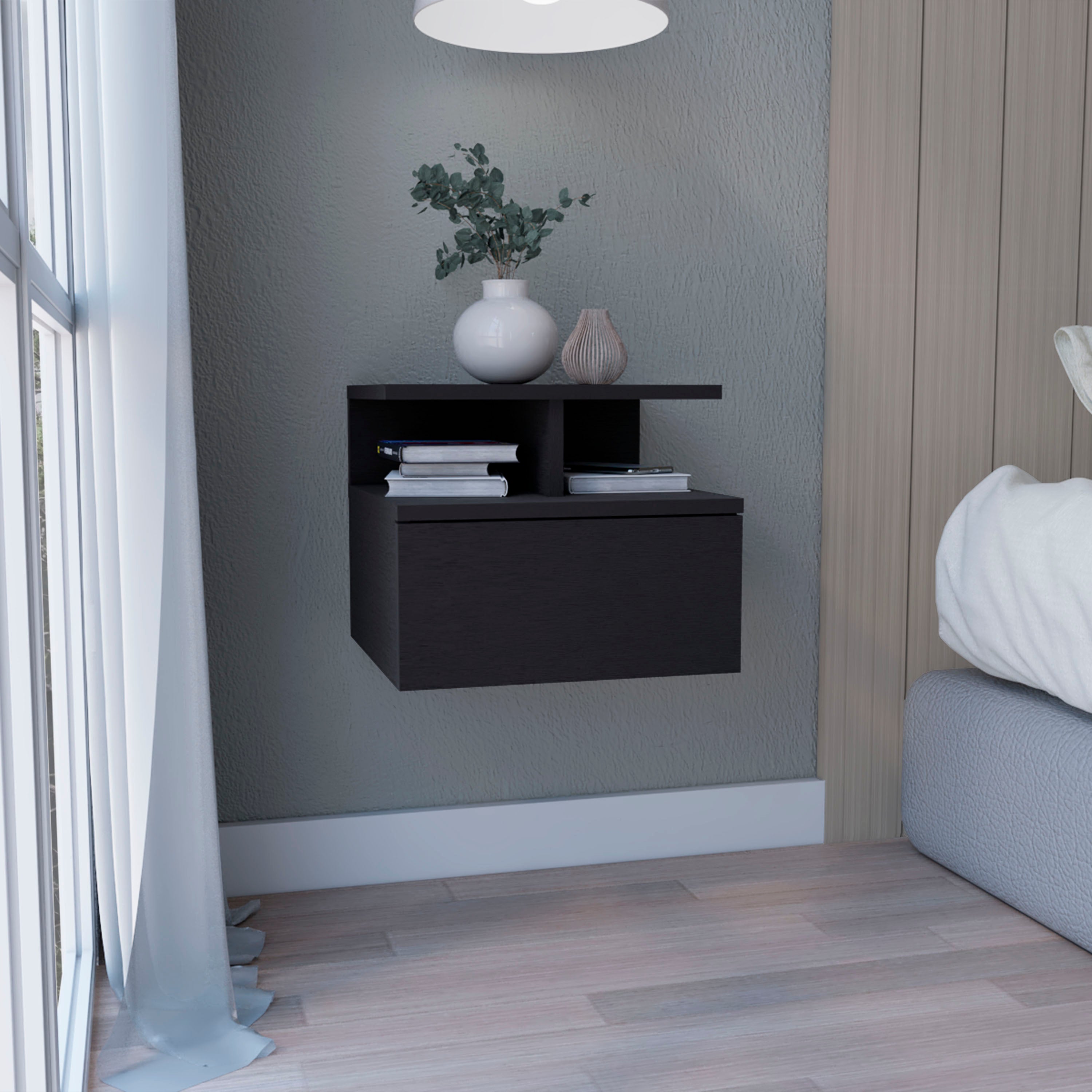 Seward Floating Nightstand, Wall Mounted with Single Drawer and 2-Tier Shelf, Black - Luciddepo