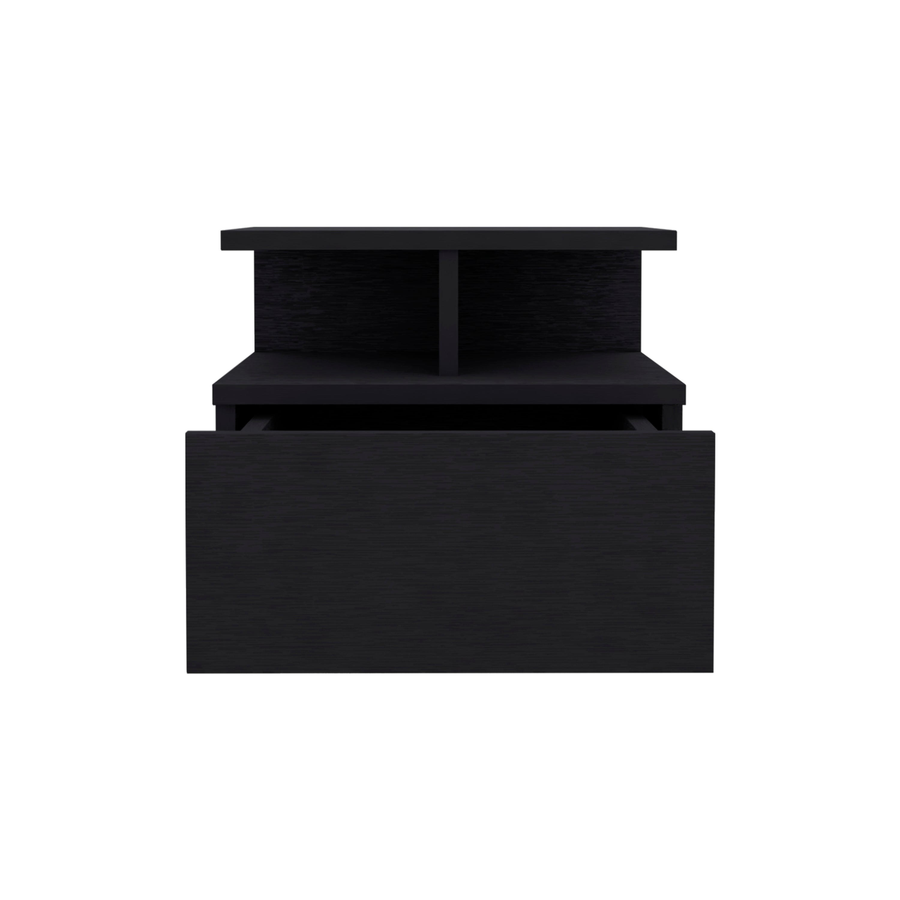 Seward Floating Nightstand, Wall Mounted with Single Drawer and 2-Tier Shelf, Black - Luciddepo