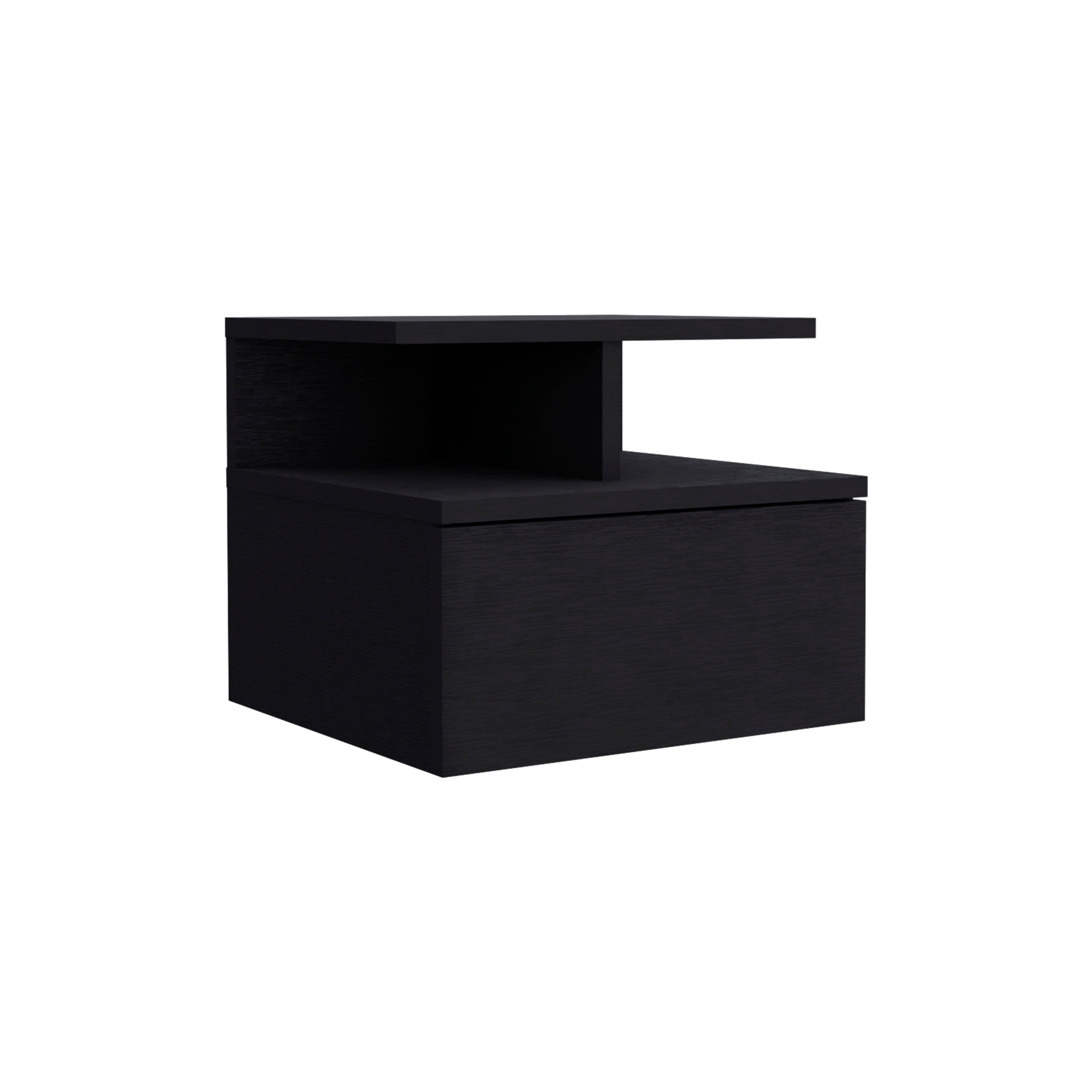 Seward Floating Nightstand, Wall Mounted with Single Drawer and 2-Tier Shelf, Black - Luciddepo