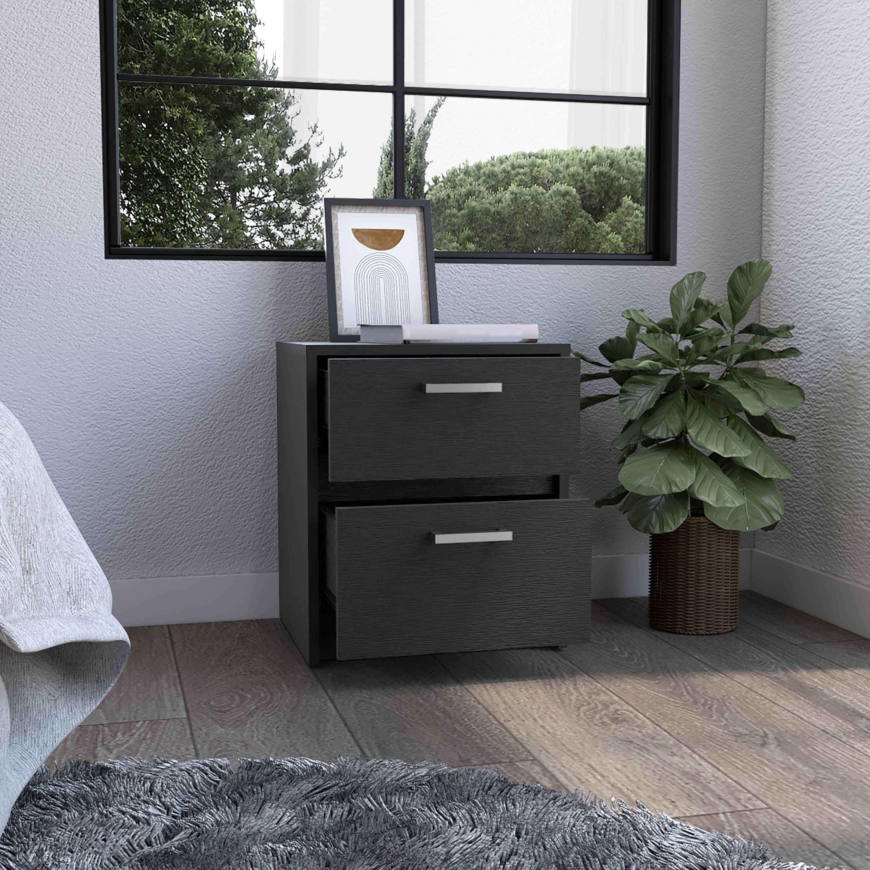 Bethel 2 Drawers Nightstand with Handles, Black