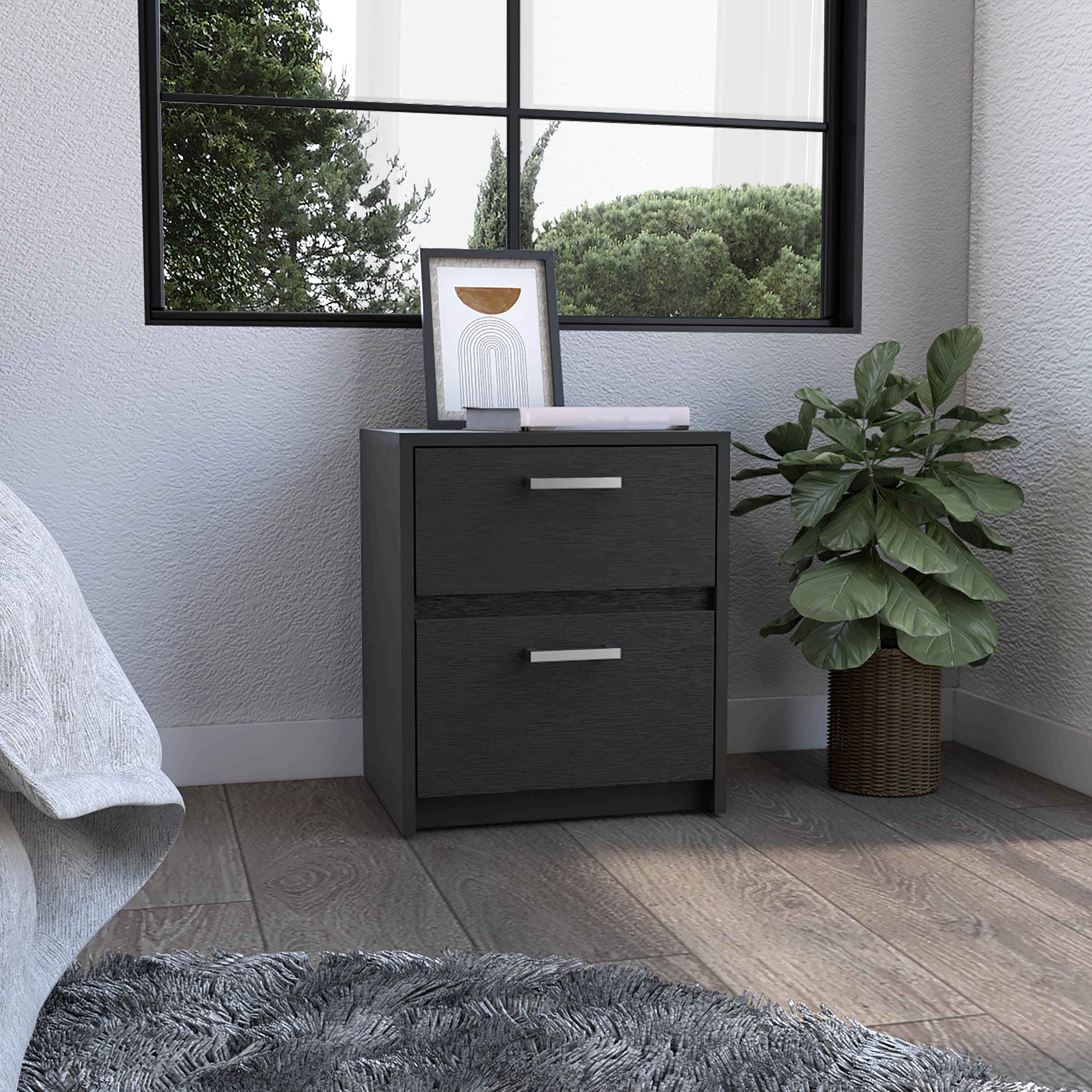 Bethel 2 Drawers Nightstand with Handles, Black