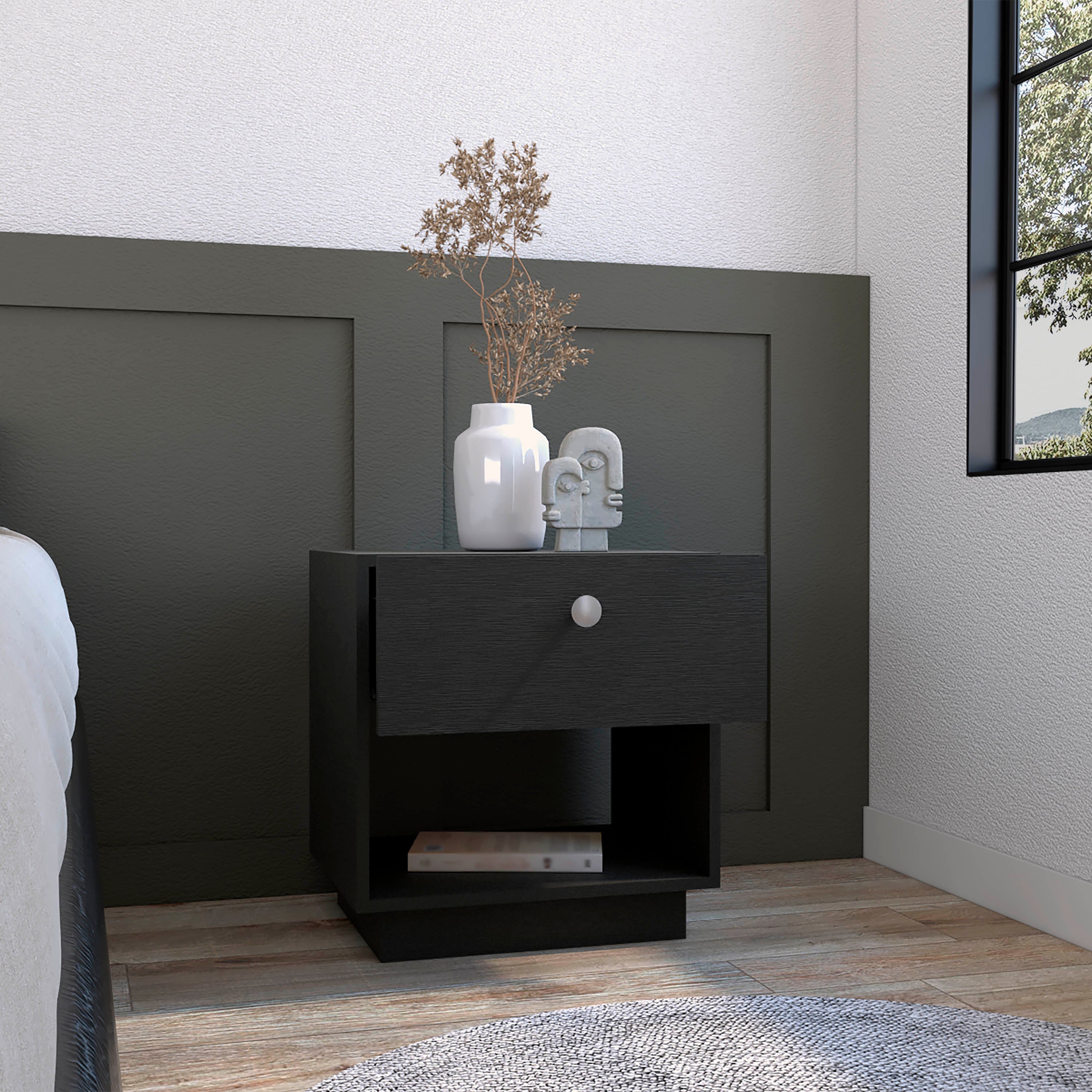 Macon Single Drawer Nightstand with Open Storage Shelf, Black - Luciddepo