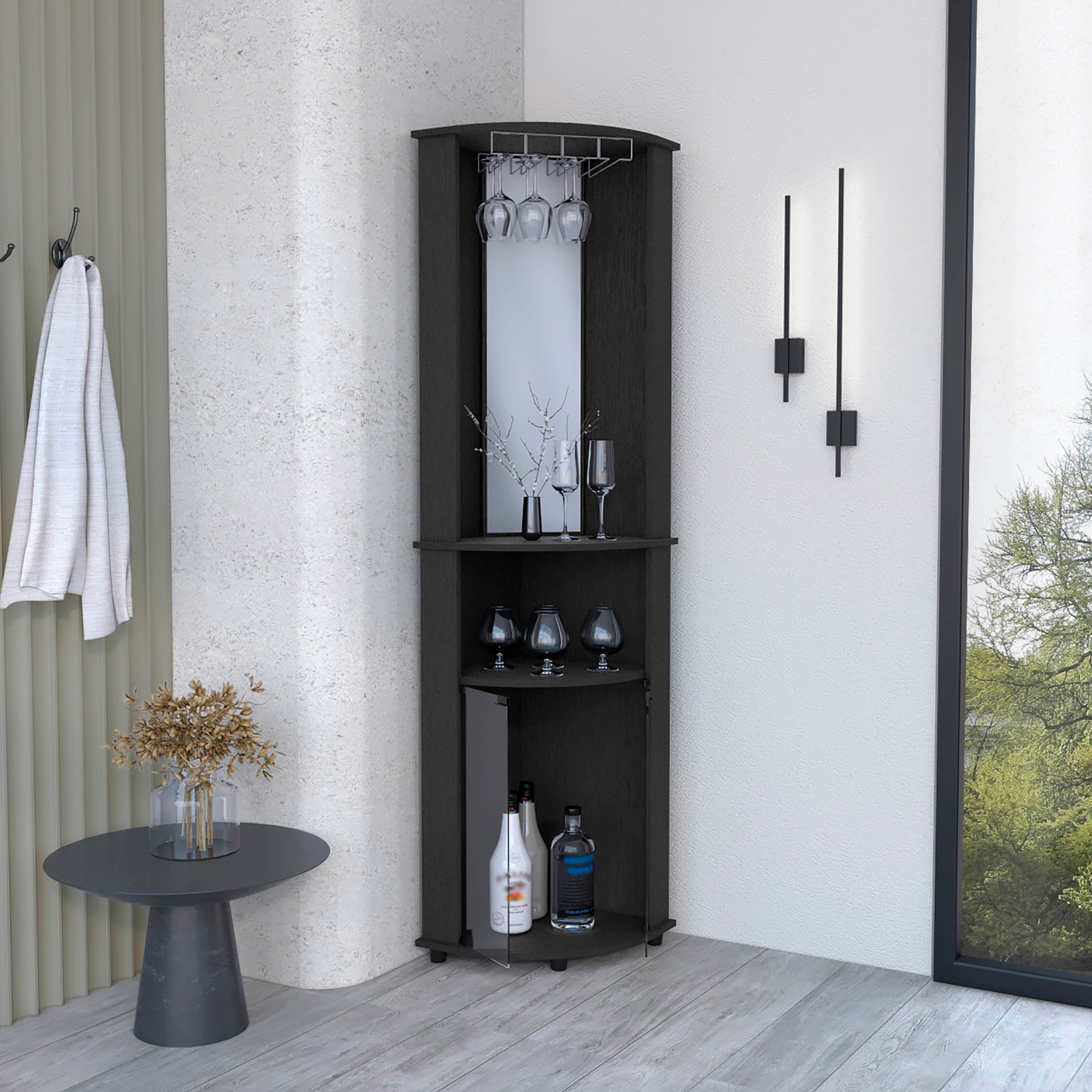 Nashville Corner Bar Cabinet Unit with Wine Glass Rack and Lower Cabinet, Black - Luciddepo