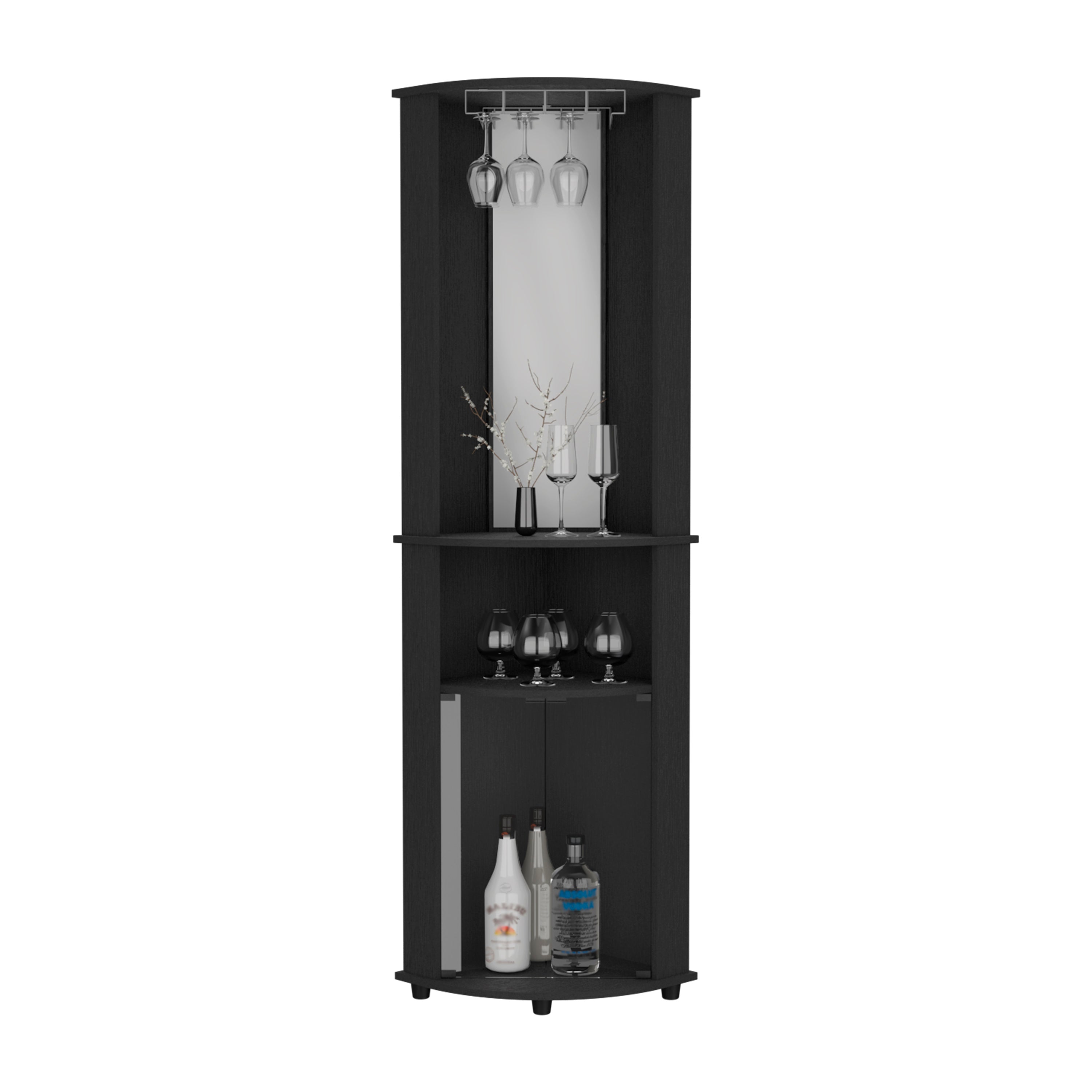 Nashville Corner Bar Cabinet Unit with Wine Glass Rack and Lower Cabinet, Black - Luciddepo