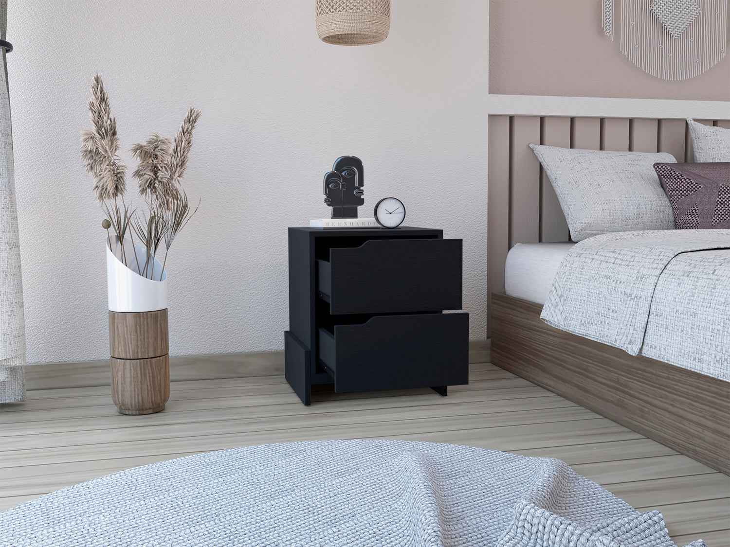 Haines Nightstand with 2-Drawers, End Table with Sturdy Base, Black