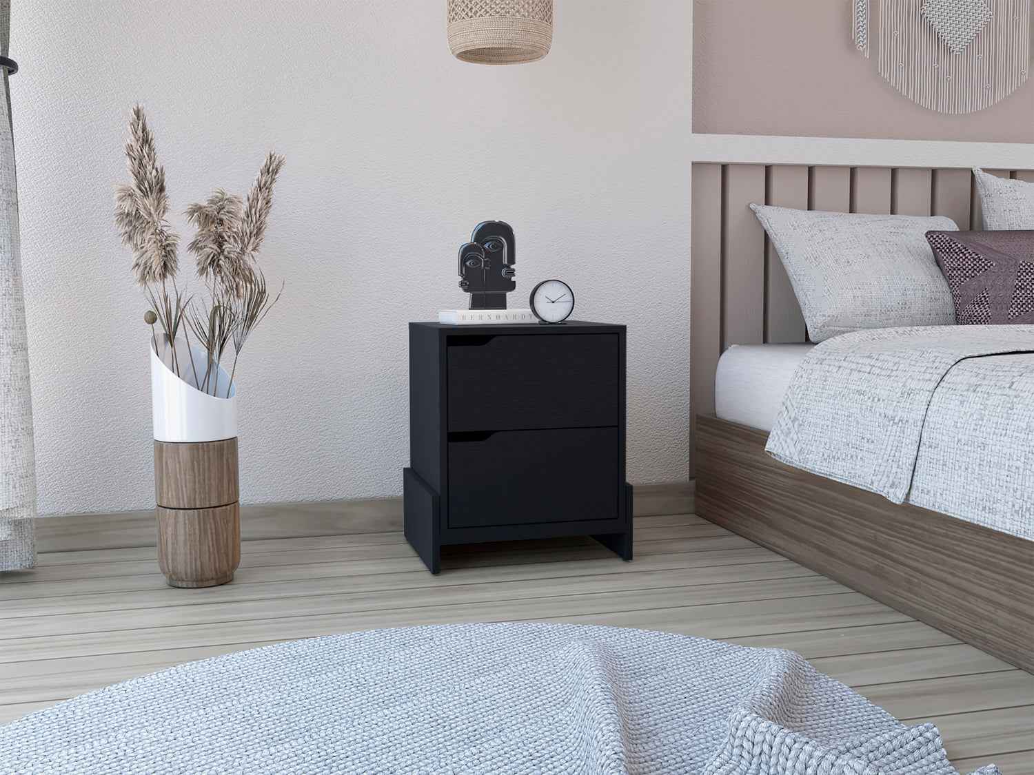 Haines Nightstand with 2-Drawers, End Table with Sturdy Base, Black