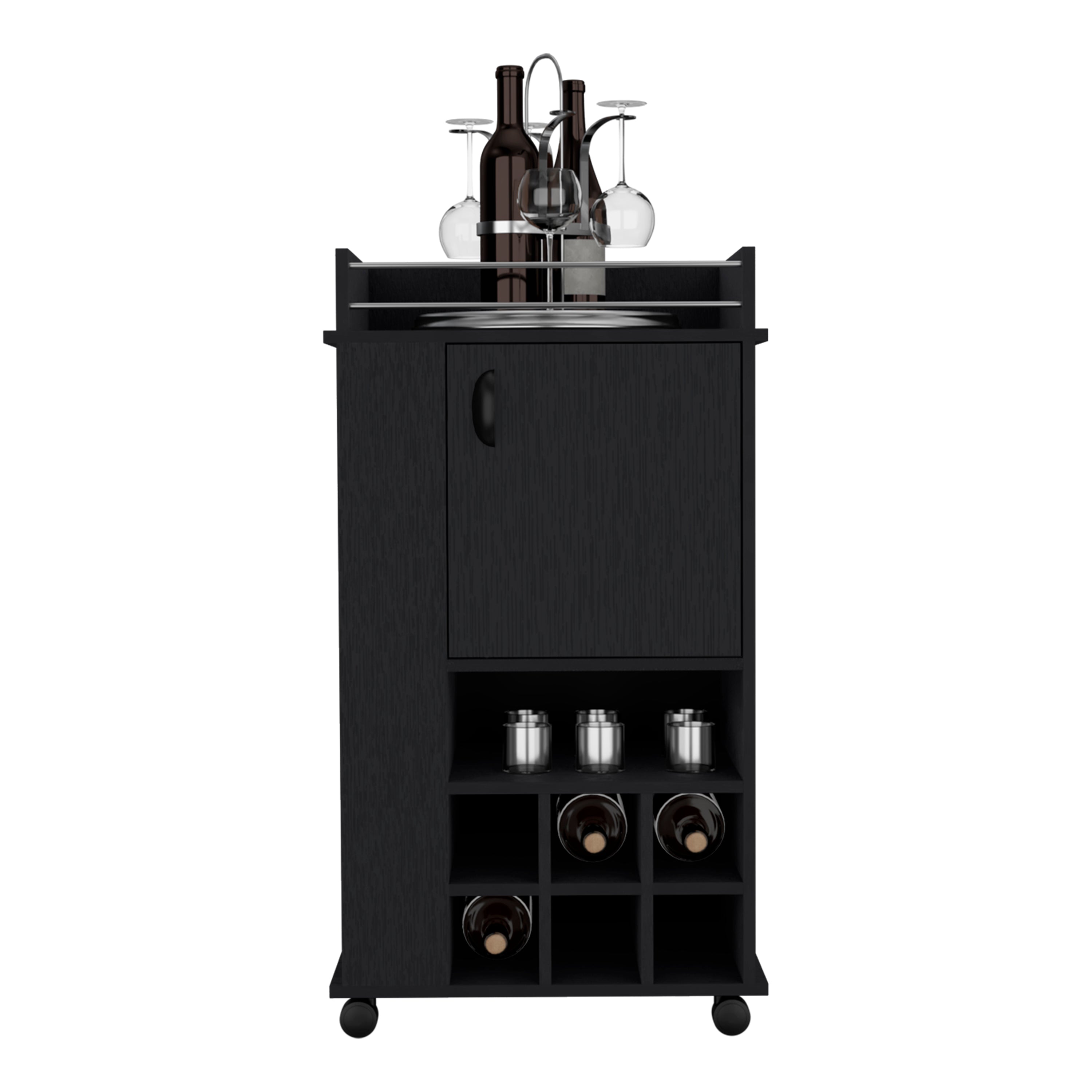 Fraser Bar Cart with 6 Built-in Wine Rack and Casters, Black - Luciddepo