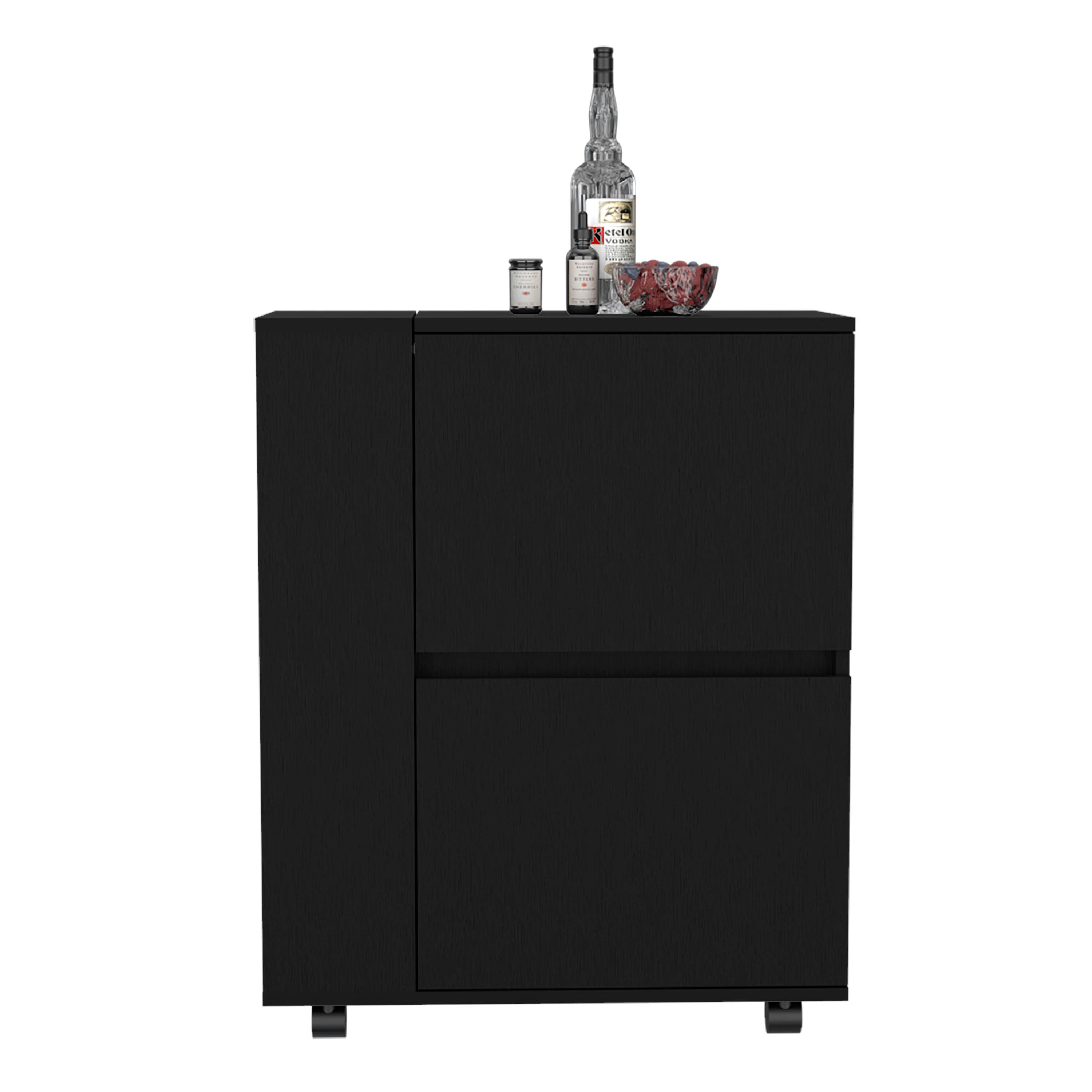 Tully Bar Cart Two Pull-Down Door Cabinets and Two Open Shelves,Black - Luciddepo