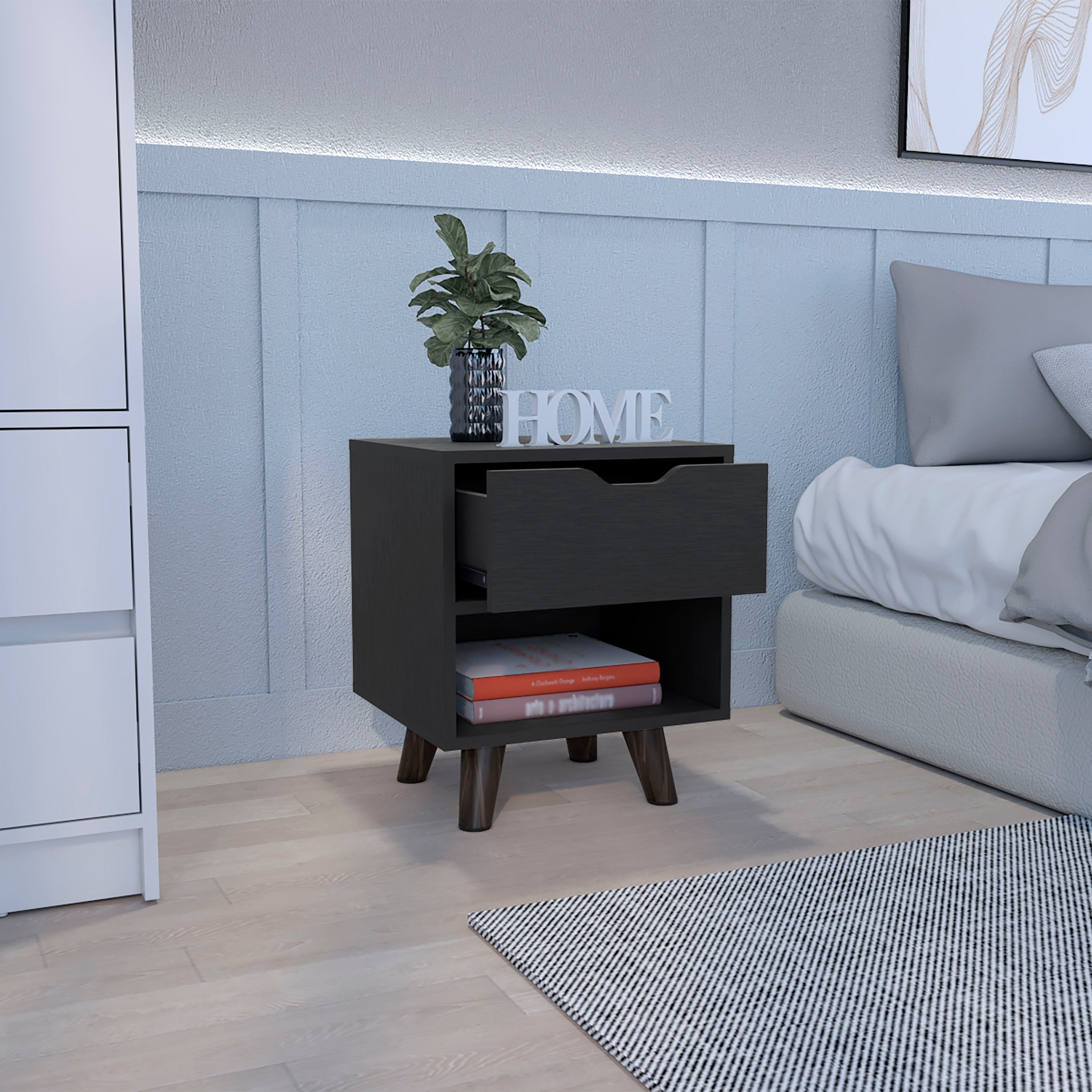 Cliff Modern Nightstand with Spacious Drawer, Open Storage Shelf and Chic Wooden Legs, Black - Luciddepo