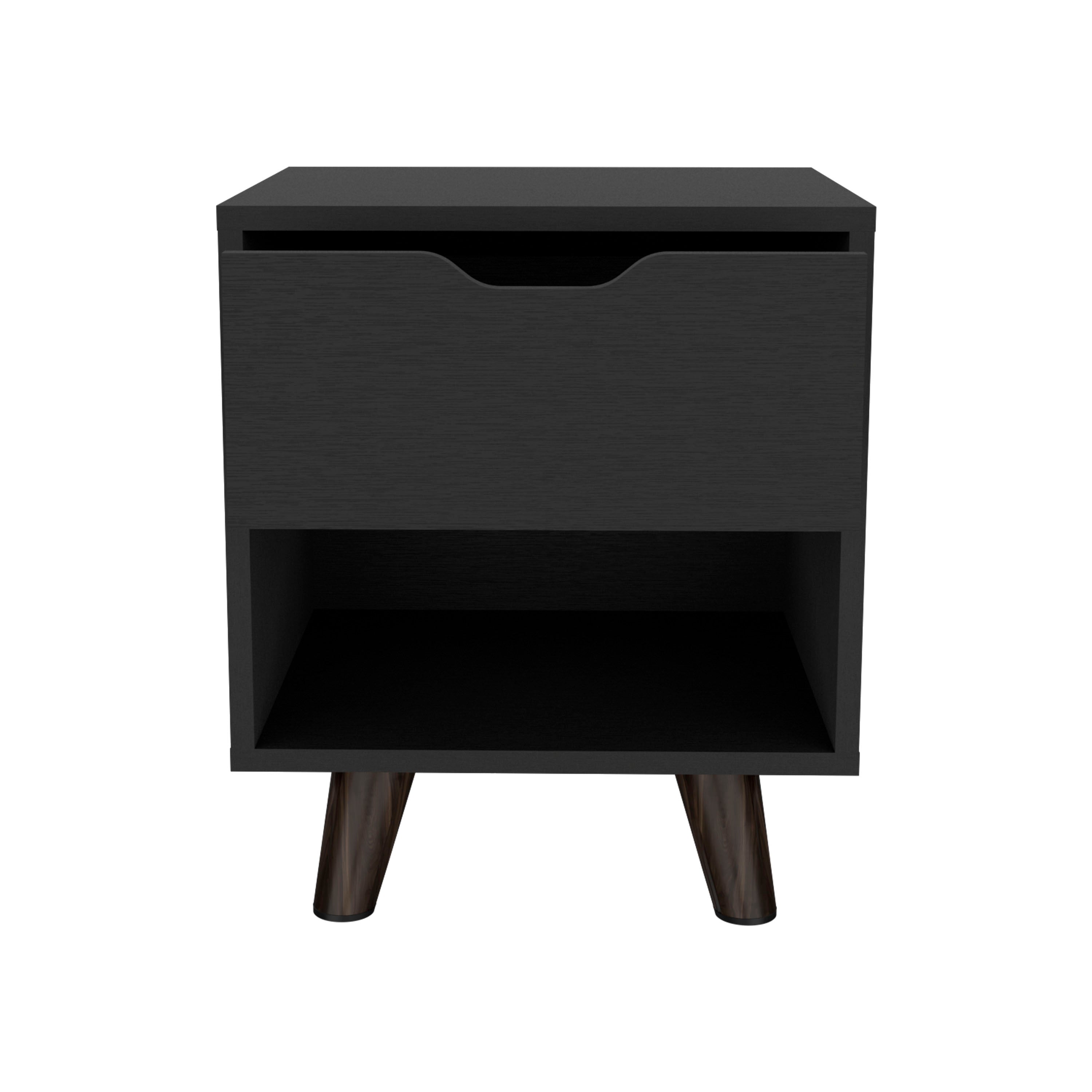 Cliff Modern Nightstand with Spacious Drawer, Open Storage Shelf and Chic Wooden Legs, Black - Luciddepo
