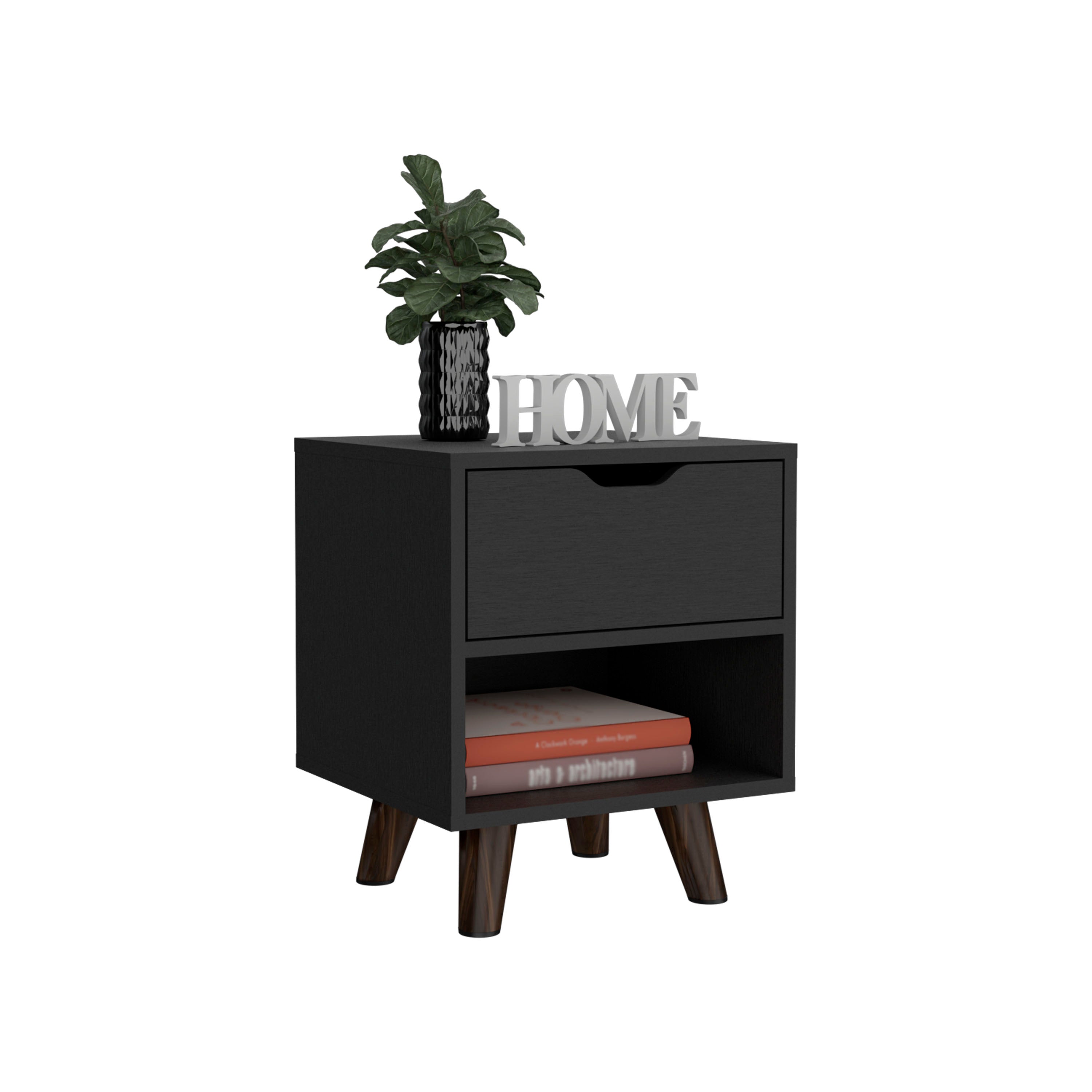 Cliff Modern Nightstand with Spacious Drawer, Open Storage Shelf and Chic Wooden Legs, Black - Luciddepo
