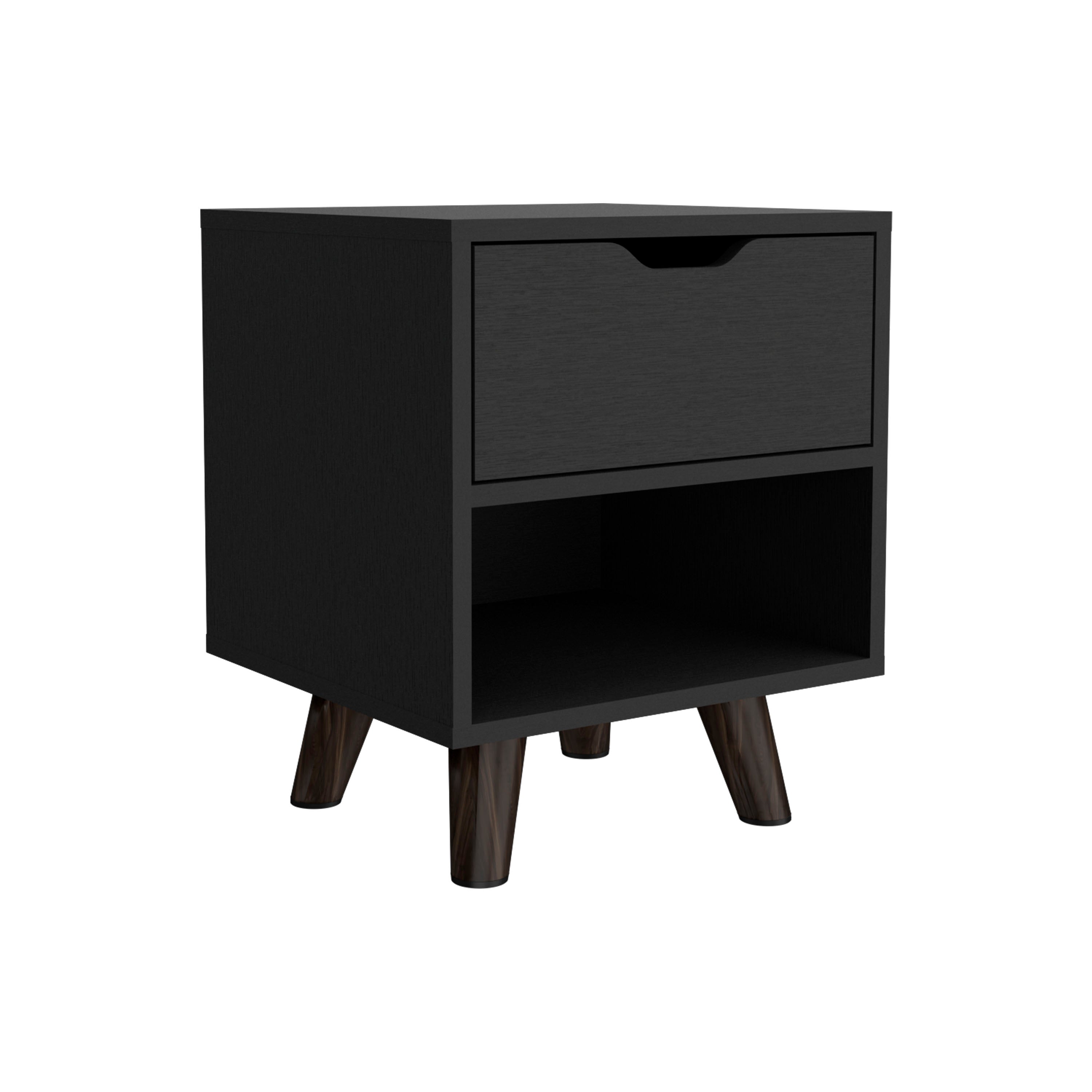Cliff Modern Nightstand with Spacious Drawer, Open Storage Shelf and Chic Wooden Legs, Black - Luciddepo