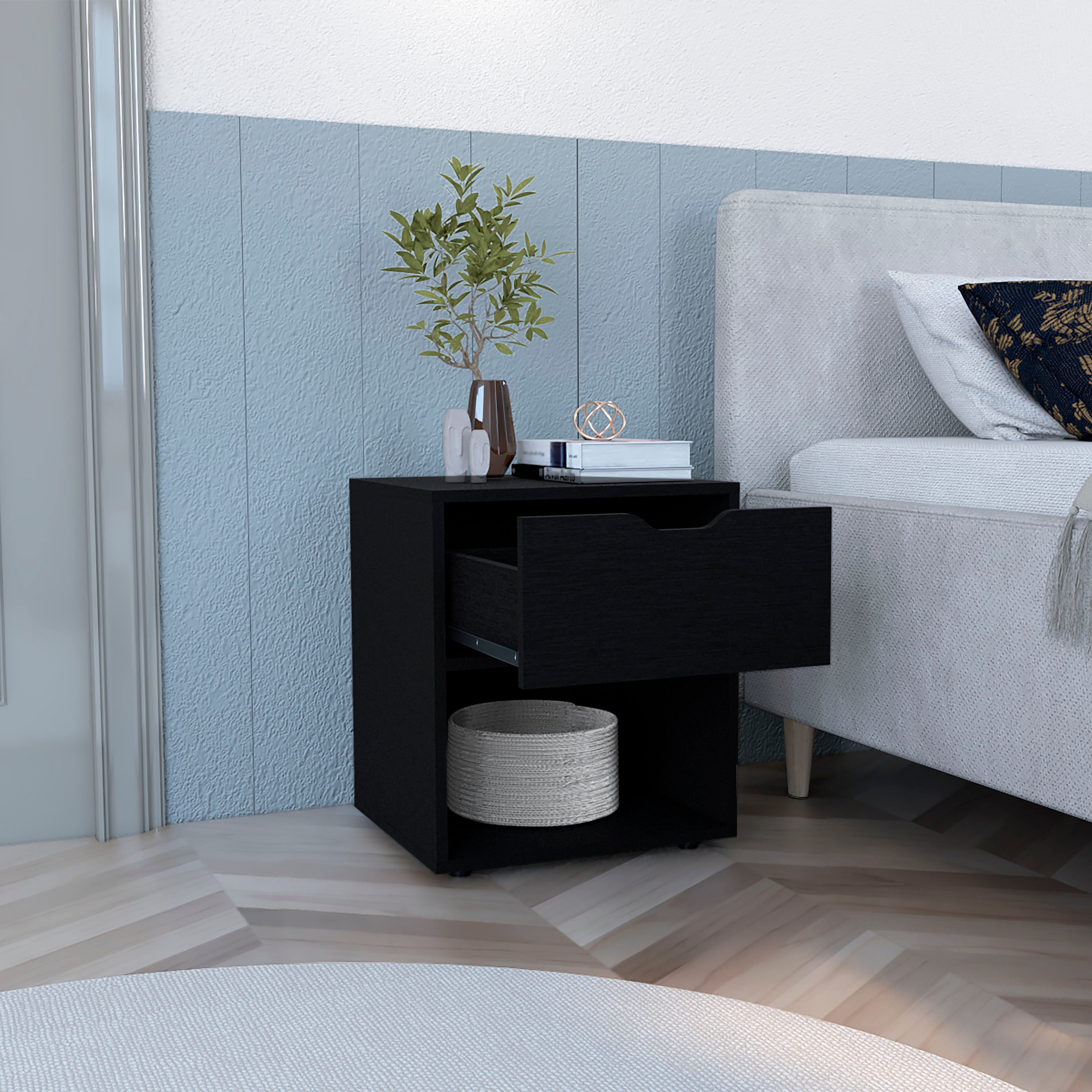 Adak 19.7" High Nightstand End Table with Open Shelf,Black - Luciddepo