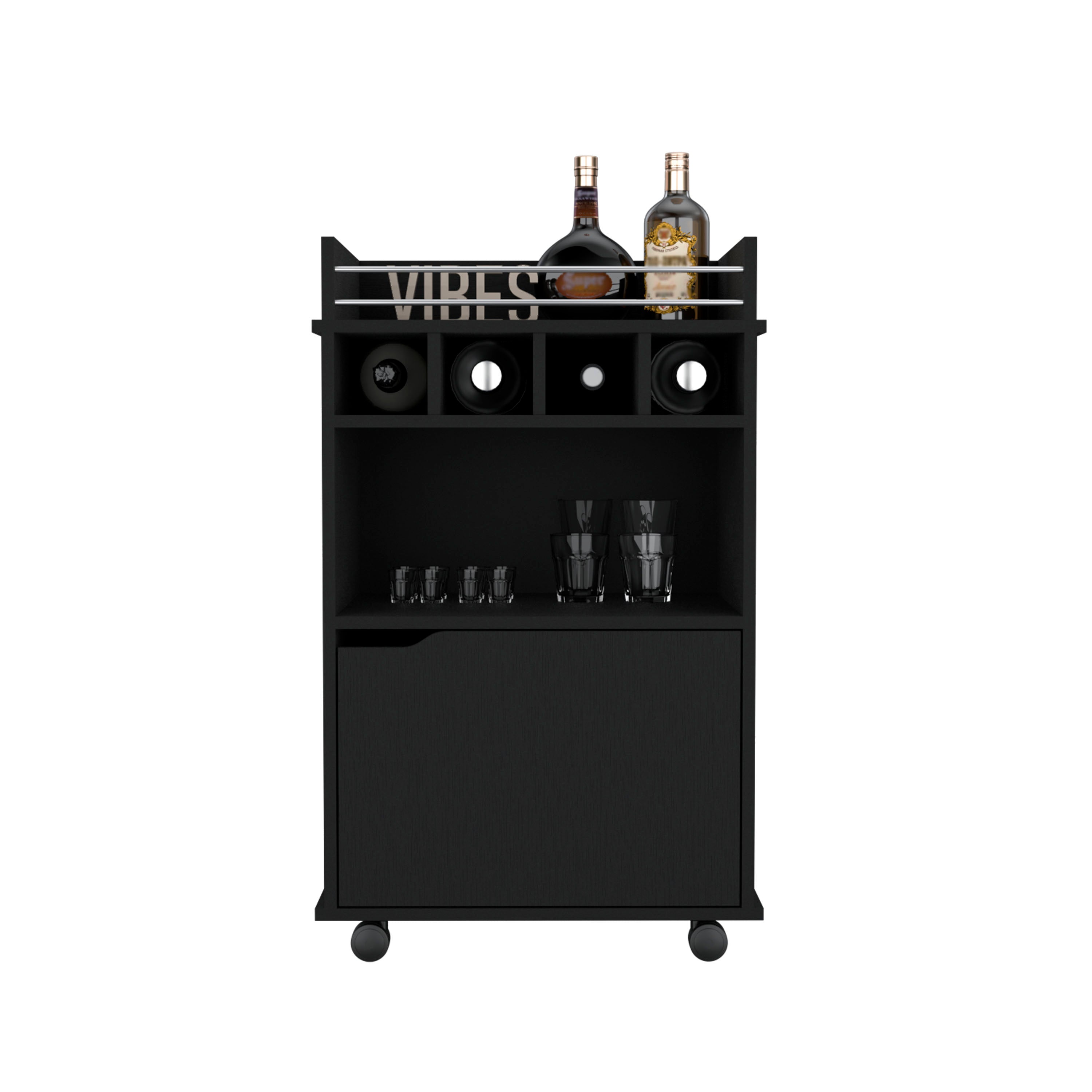 Sims 35" H Bar Cart with Two Shelves four Wine Cubbies and One Cabinet,Black - Luciddepo