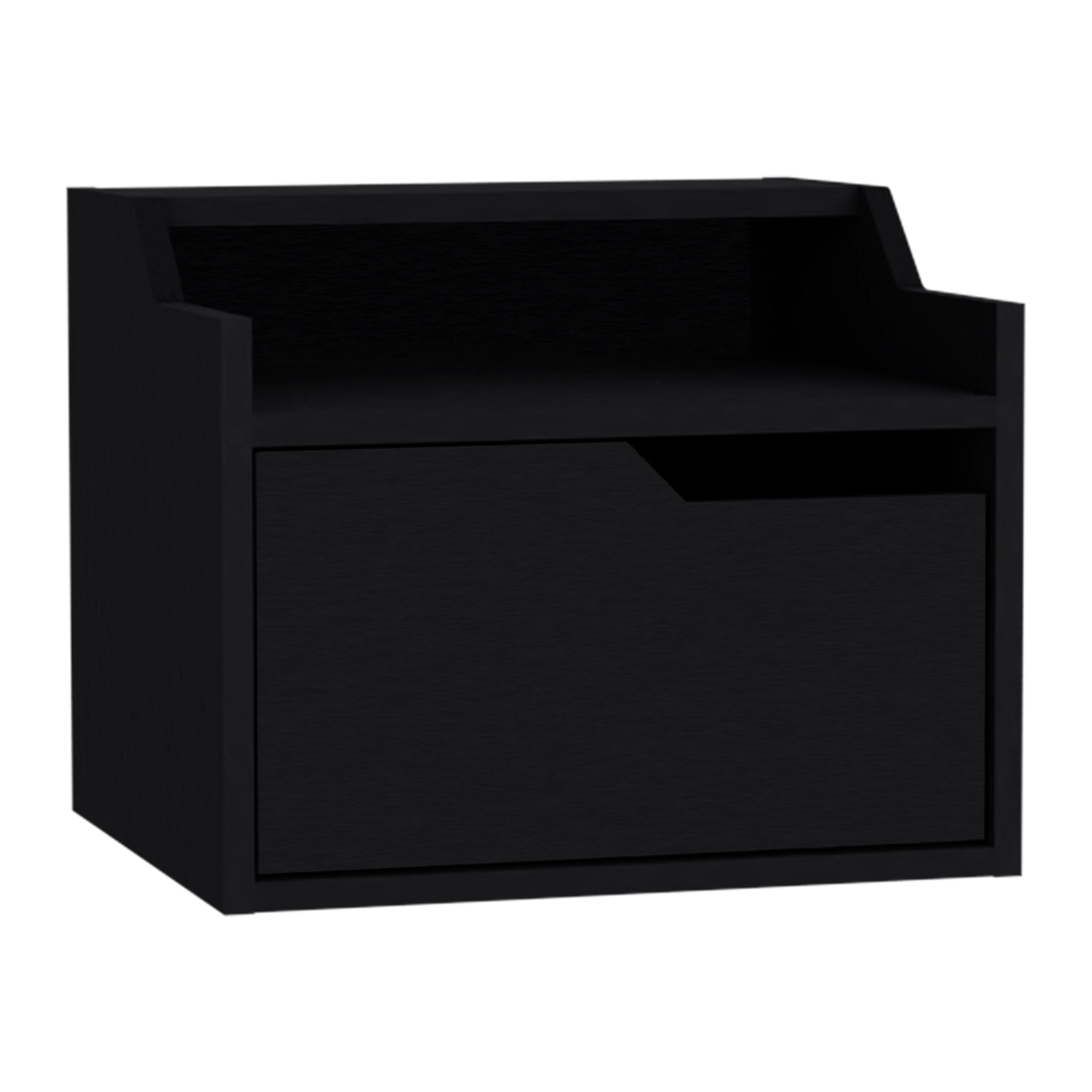 Winchester Floating Nightstand, Modern Dual-Tier Design with Spacious Single Drawer Storage, Black - Luciddepo
