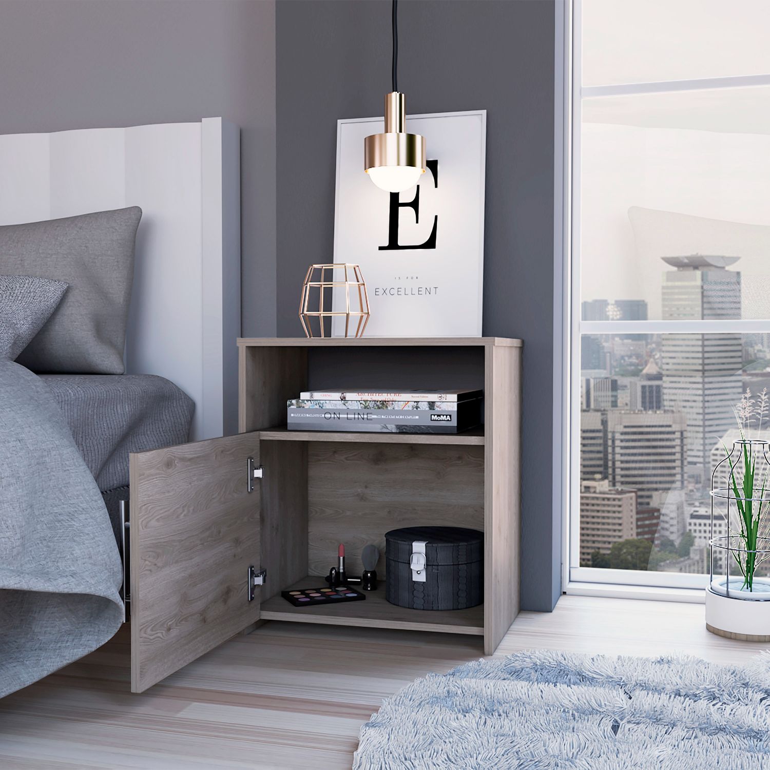 Omaha Nightstand, Single Door Cabinet, Metal Handle, One Shelf, Superior Top, Light Gray - Luciddepo