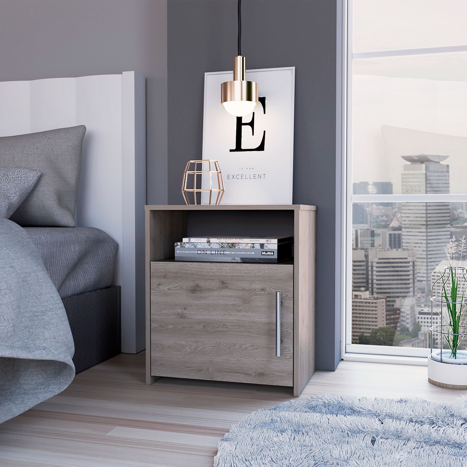Omaha Nightstand, Single Door Cabinet, Metal Handle, One Shelf, Superior Top, Light Gray - Luciddepo