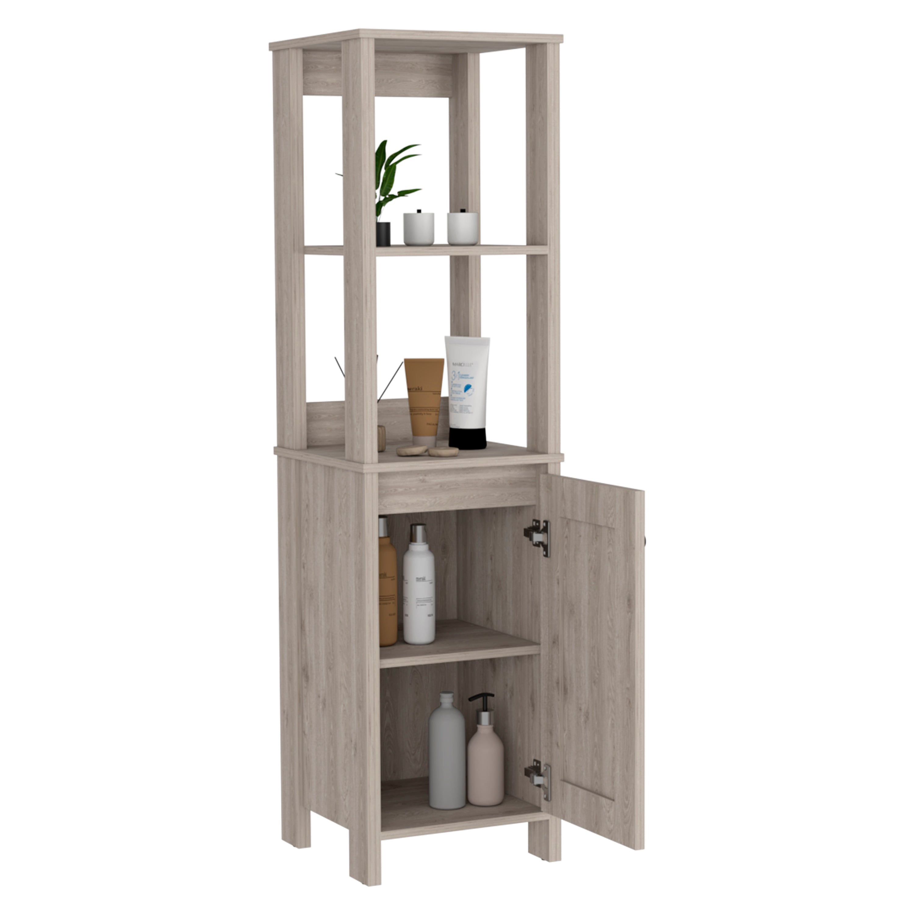 New Haven Linen Single Door Cabinet, Two Interior Shelves, Two Open Shelves, Light Gray - Luciddepo