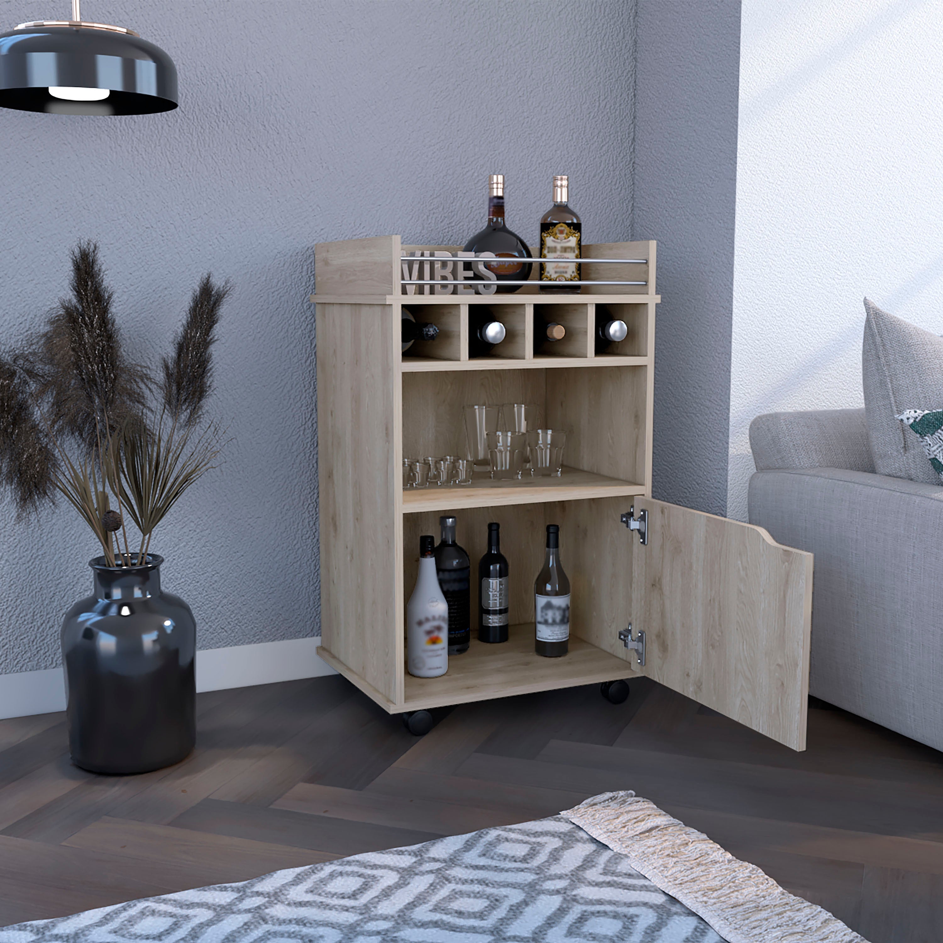 Sims 35" H Bar Cart with Two Shelves four Wine Cubbies and One Cabinet,Light Pine - Luciddepo