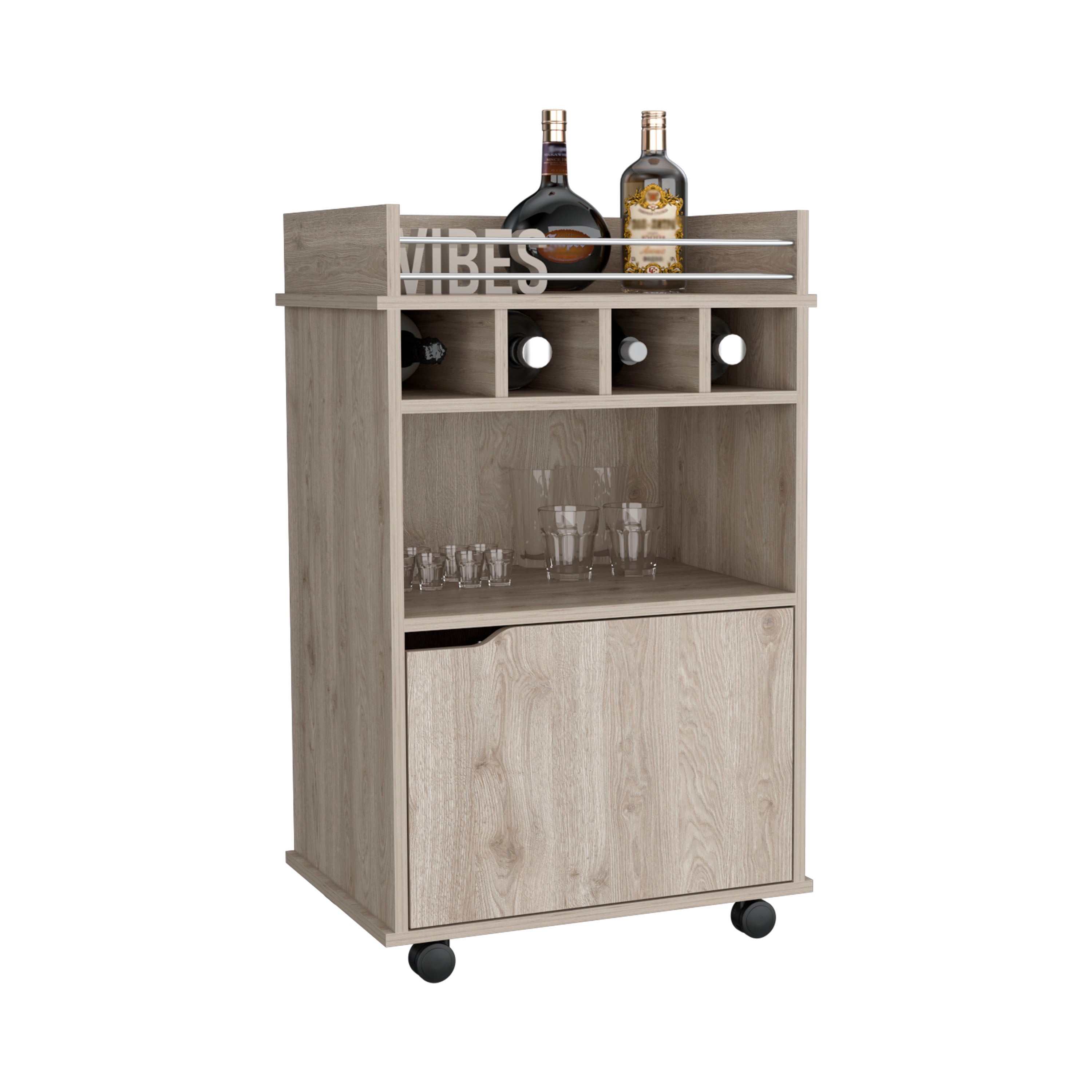 Sims 35" H Bar Cart with Two Shelves four Wine Cubbies and One Cabinet,Light Pine - Luciddepo