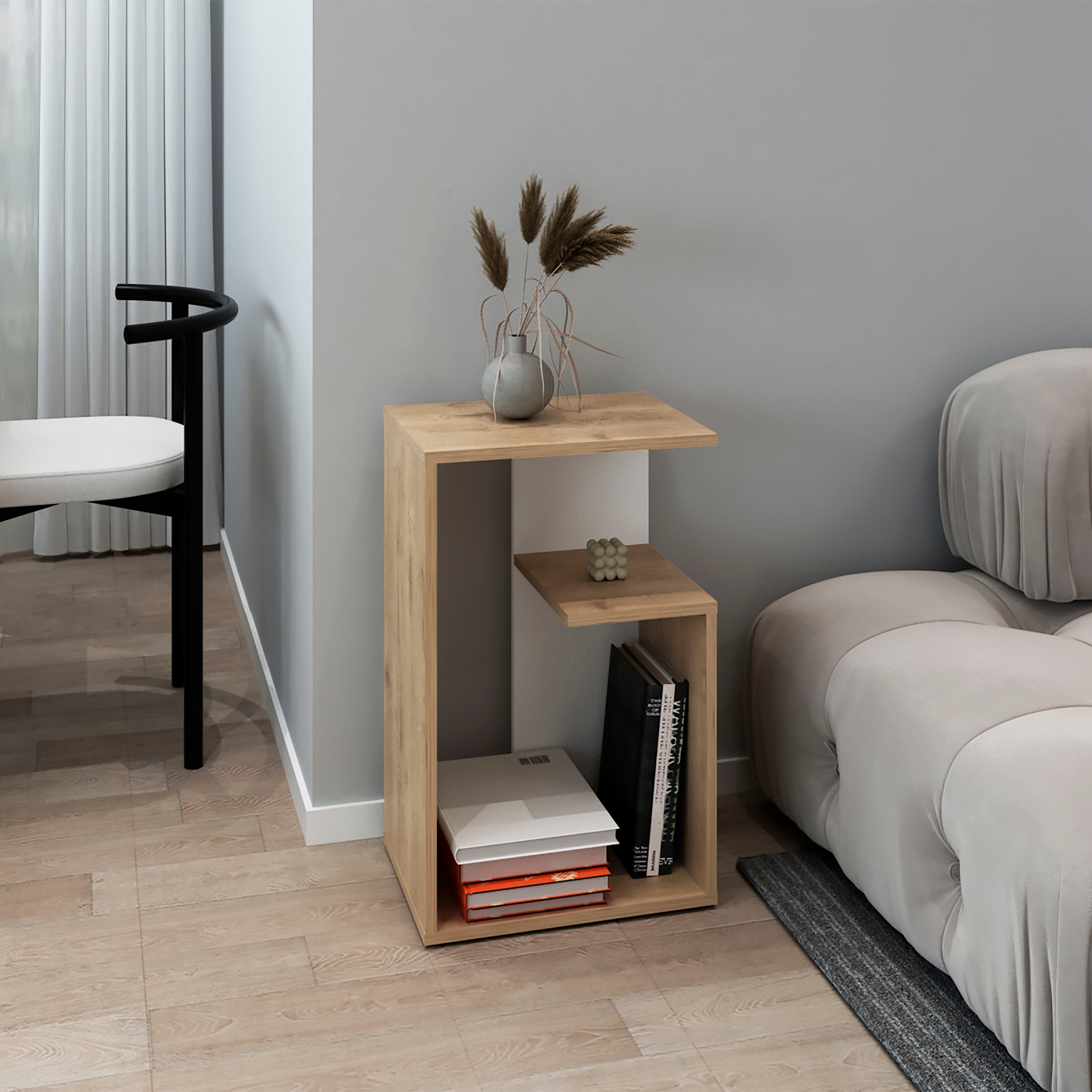 Stebbins Side Table, 2 Shelves, White / Macadamia - Luciddepo