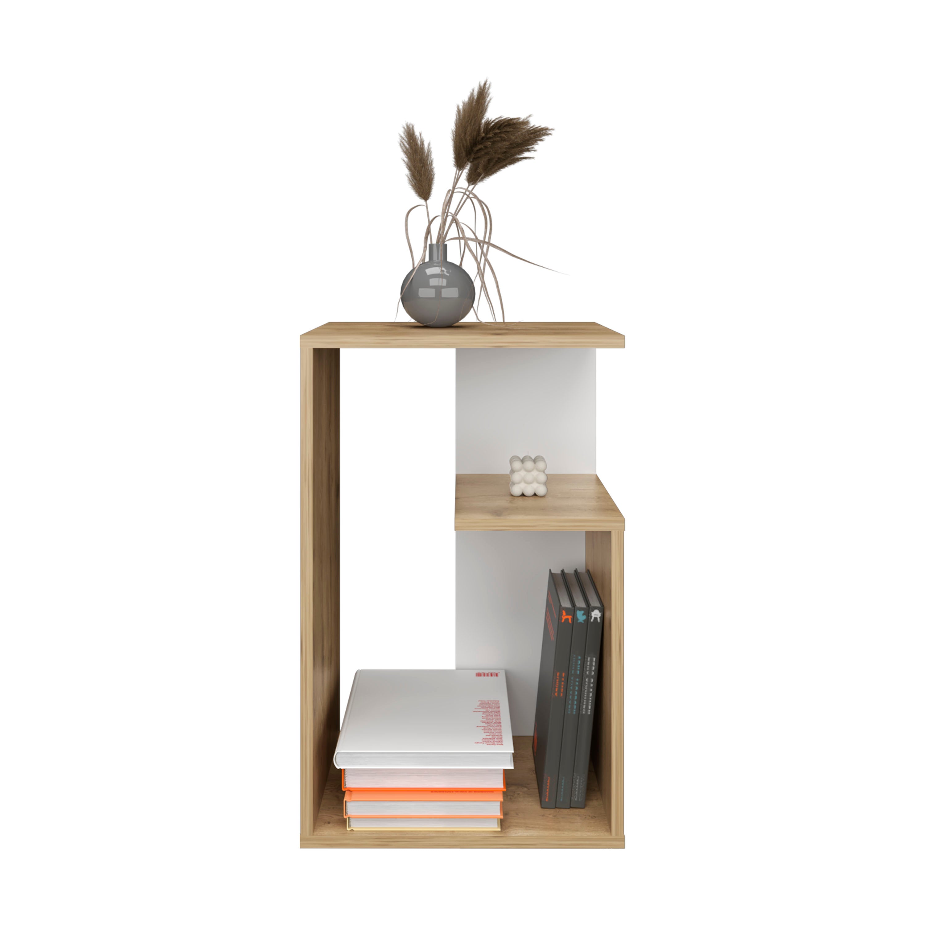 Stebbins Side Table, 2 Shelves, White / Macadamia - Luciddepo