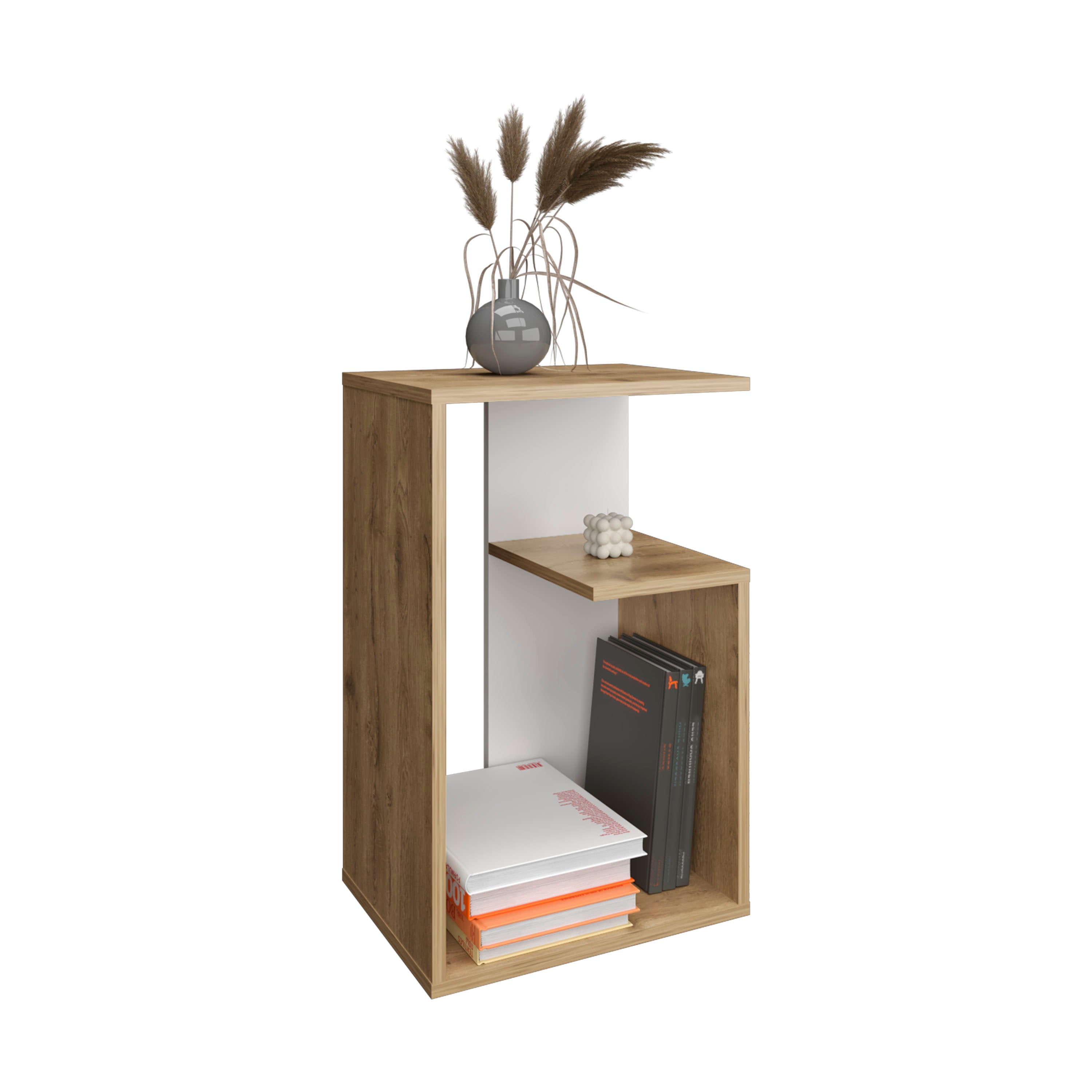 Stebbins Side Table, 2 Shelves, White / Macadamia - Luciddepo