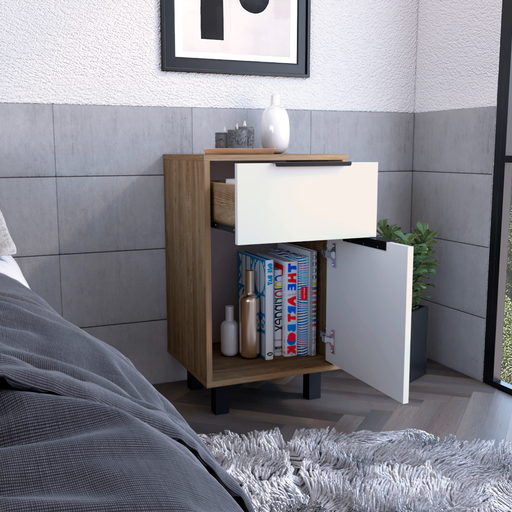 Egeo Z Nightstand, One Drawer, One Cabinet, Four Legs, White / Pine - Luciddepo